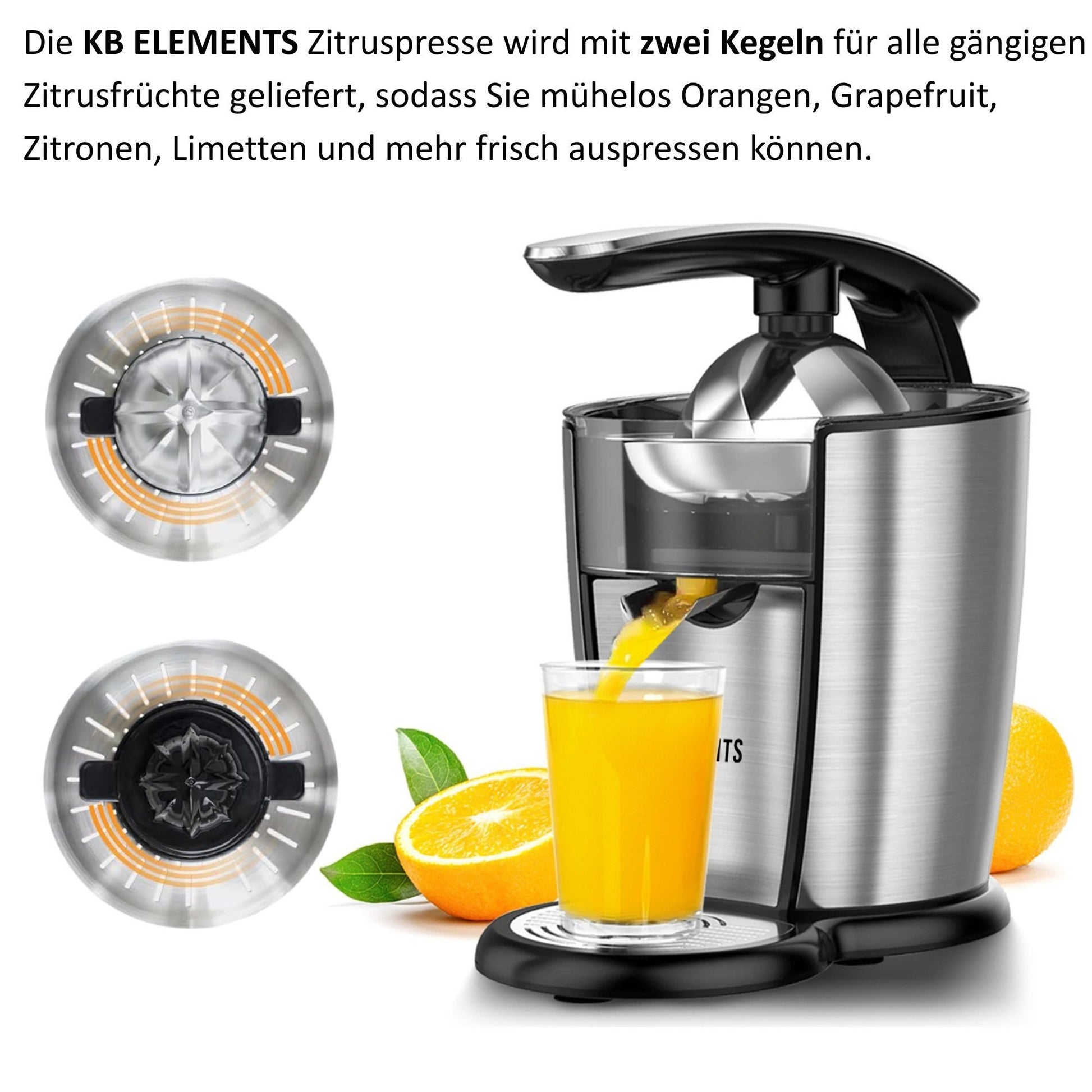 KB ELEMENTS elektrische Zitruspresse, 300 Watt Vollkupfer Motor, Edelstahl