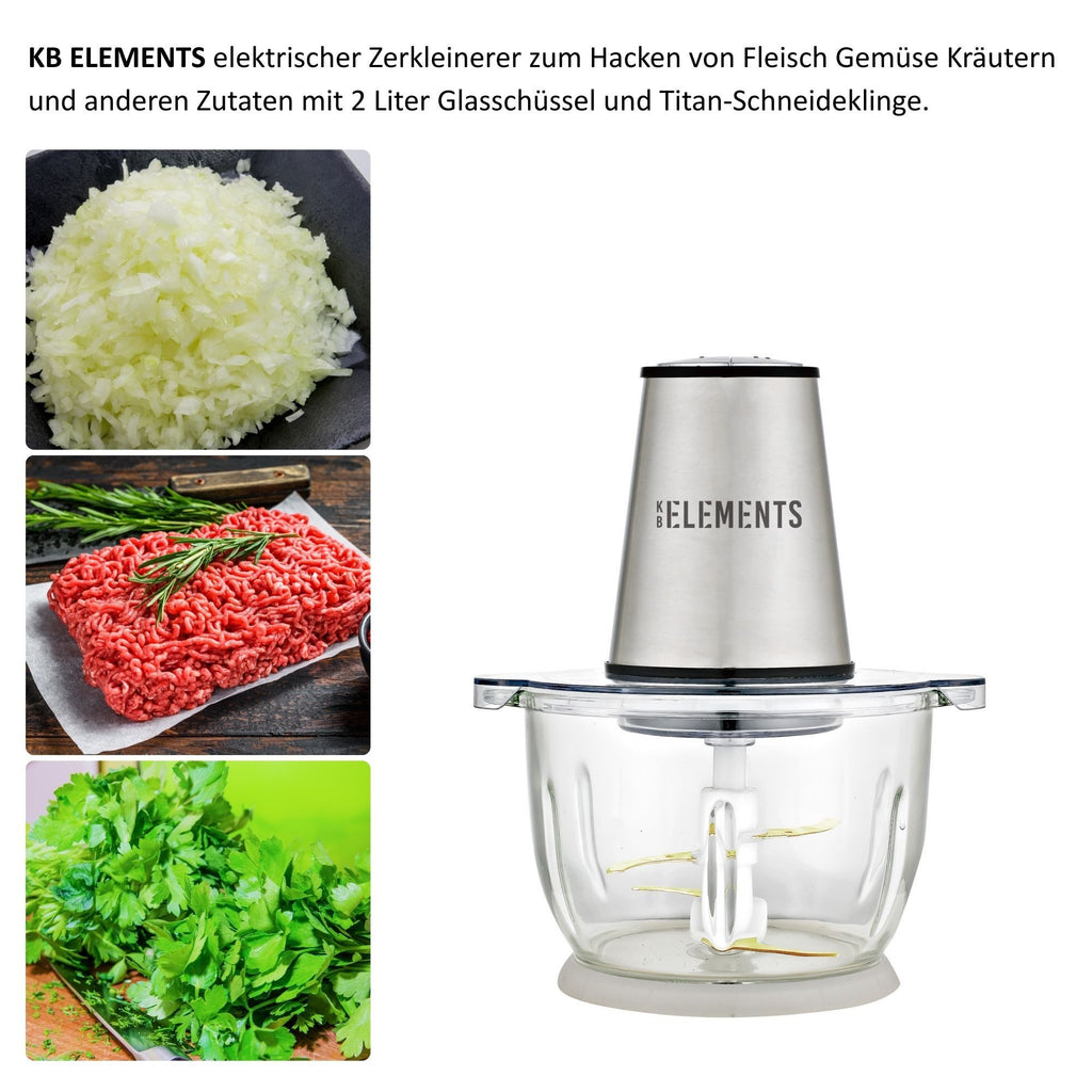 KB Elements Elektrische Zerkleinerer - 300 Watt Kupfer Motor, 2L Glaschüssel, Edelstahl