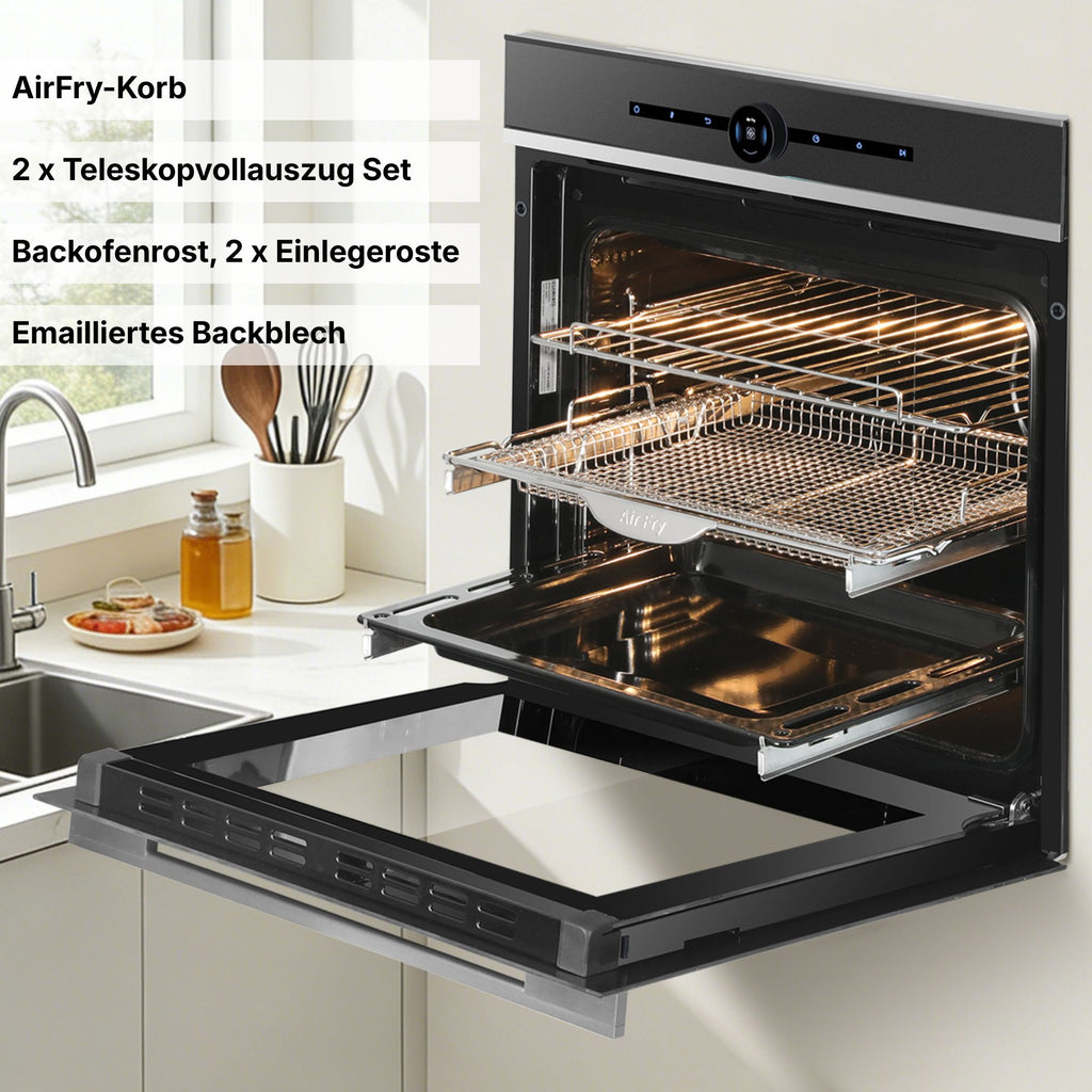 Einbaubackofen 60 cm ELK60TM1 geöffnet – Innenraum Garraumvolumen Seitenansicht KB ELEMENTS