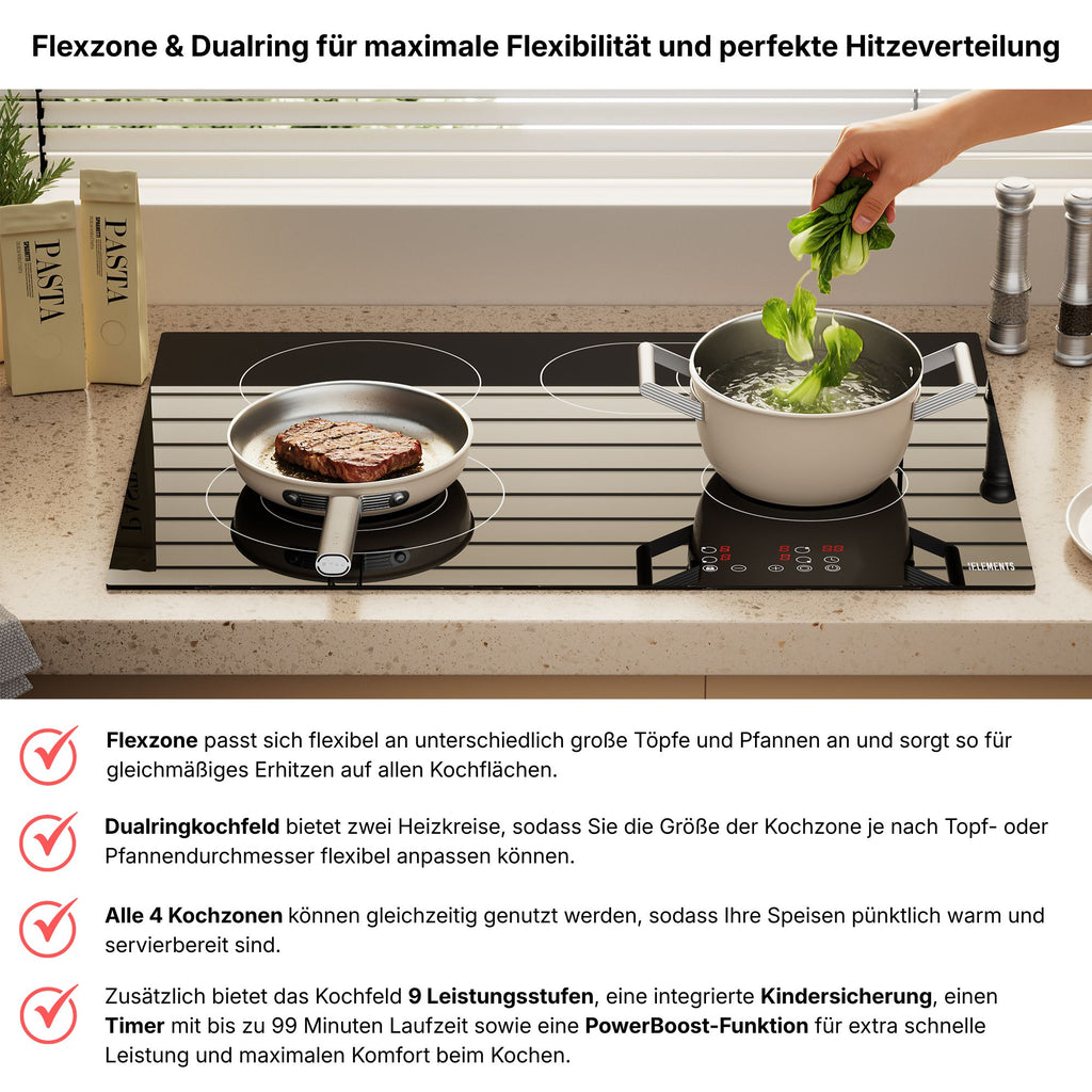 KB ELEMENTS Herdset 2-teilig – Einbaubackofen 60 cm A+ & Glaskeramikkochfeld 77 cm | 5 Zonen, Dual-Zone, Schwarz