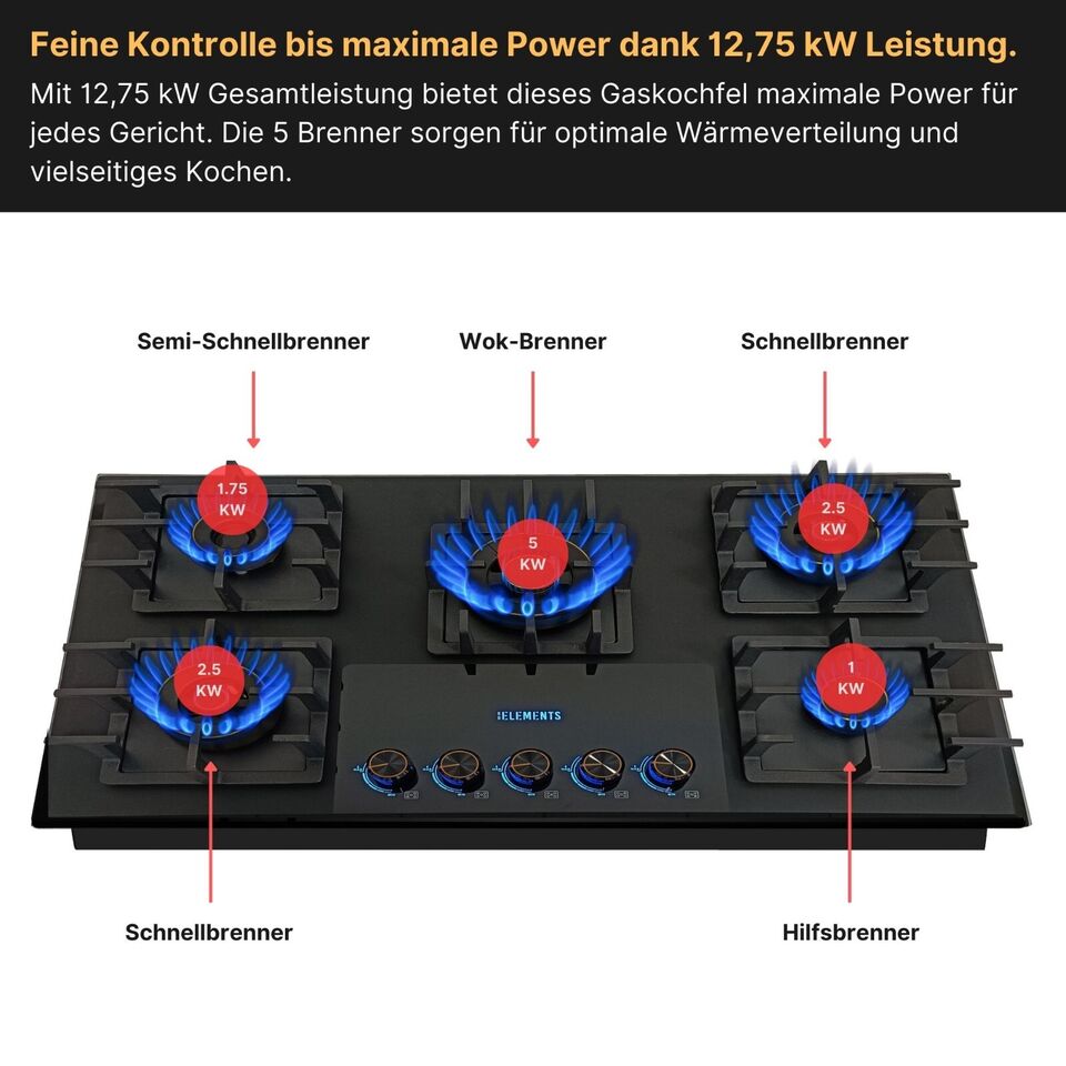 KB ELEMENTS Gaskochfeld 90cm - Gaskochfeld 5 Flammig, LPG / NG, Zündunautomatik