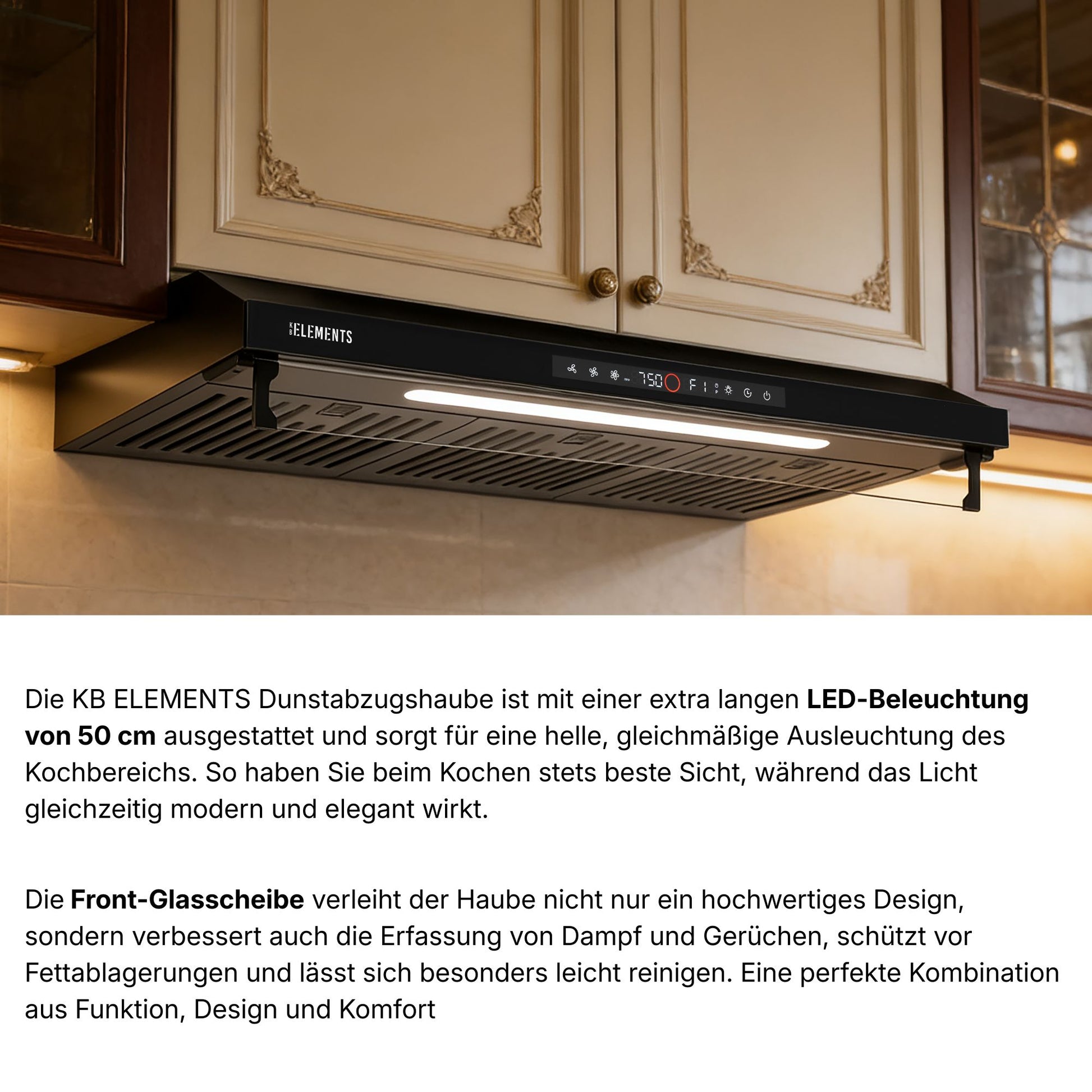 KB ELEMENTS Dunstabzugshaube 90 cm – 650 m³/h, Touch- & Gestensteuerung, Abluft & Umluft