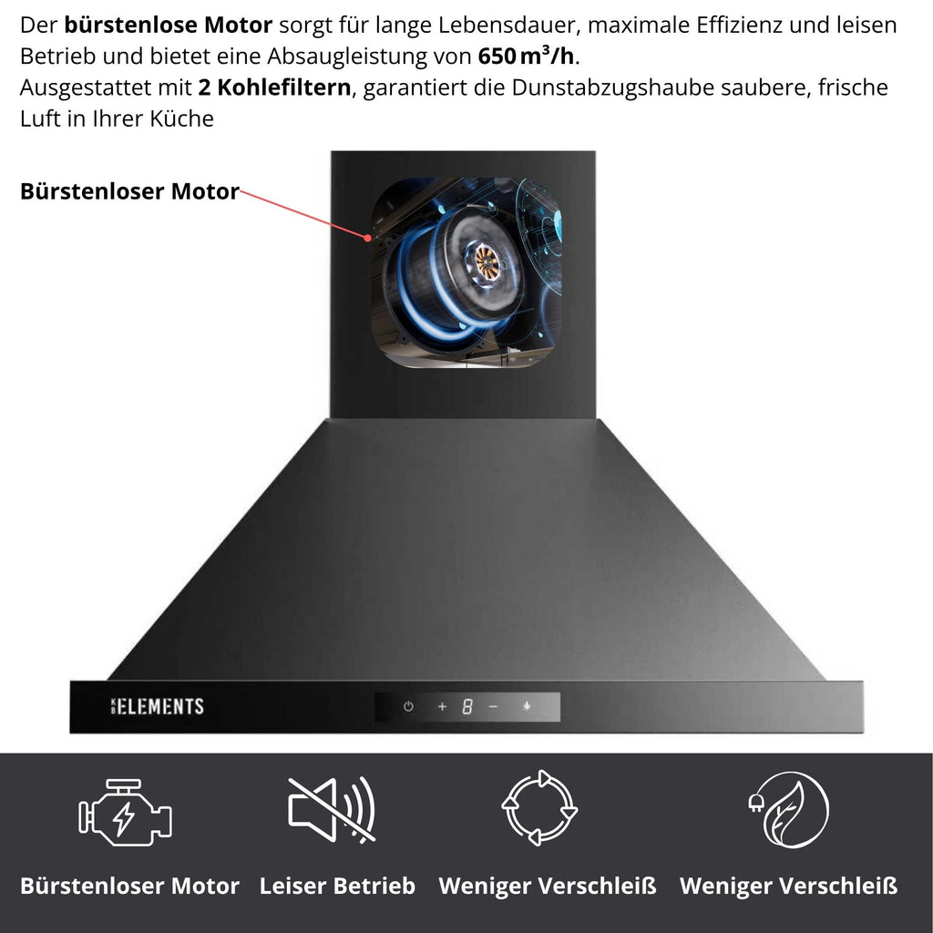 KB ELEMENTS Pyramiden-Dunstabzugshaube 60 cm Schwarz Glas – 650 m³/h, A+++, Touch- & Gestensteuerung