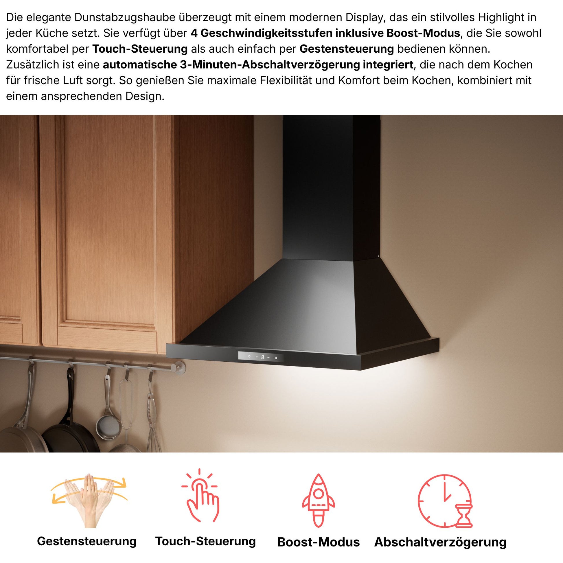 KB ELEMENTS Pyramiden-Dunstabzugshaube 60 cm Schwarz Glas – 650 m³/h, A+++, Touch- & Gestensteuerung