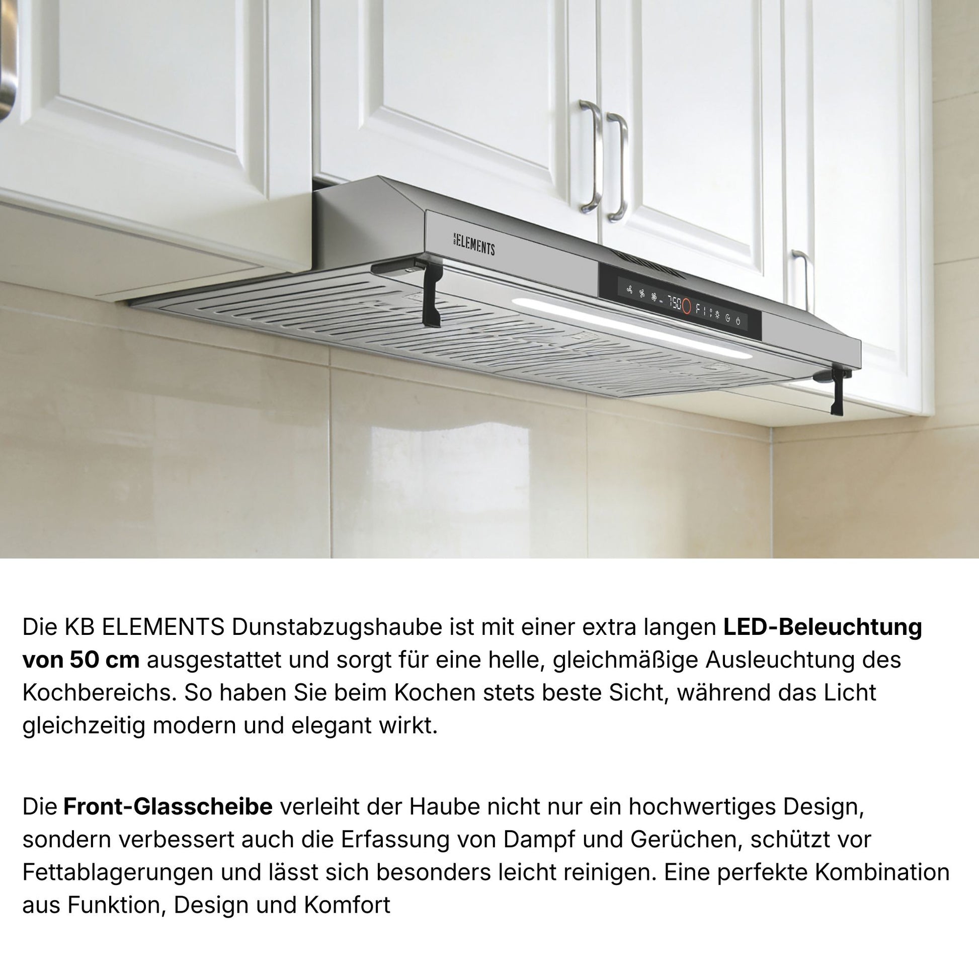 KB ELEMENTS Dunstabzugshaube 90 cm – 650 m³/h, Touch- & Gestensteuerung, Abluft & Umluft