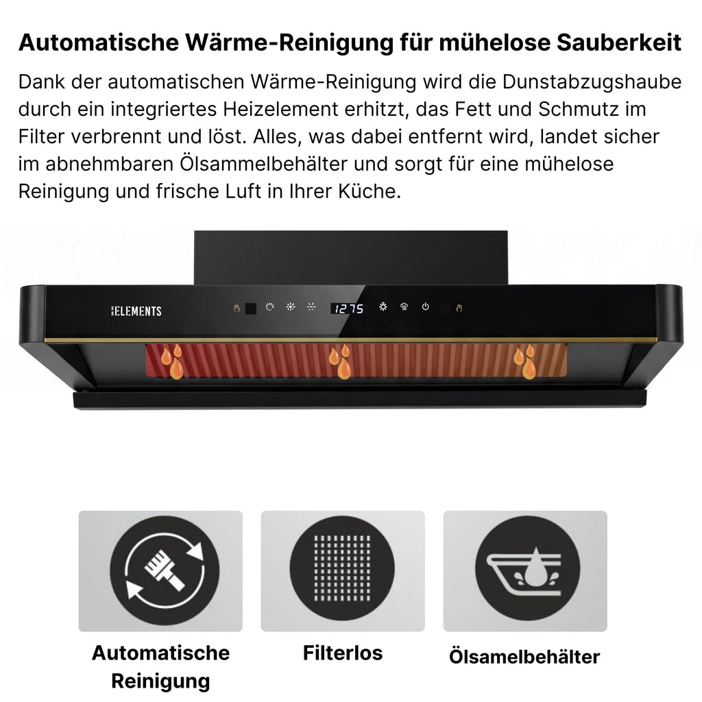 KB ELEMENTS Dunstabzugshaube 80 cm Kopffrei Schwarz – 1350 m³/h, Selbstreinigung, A+, Abluft & Umluft