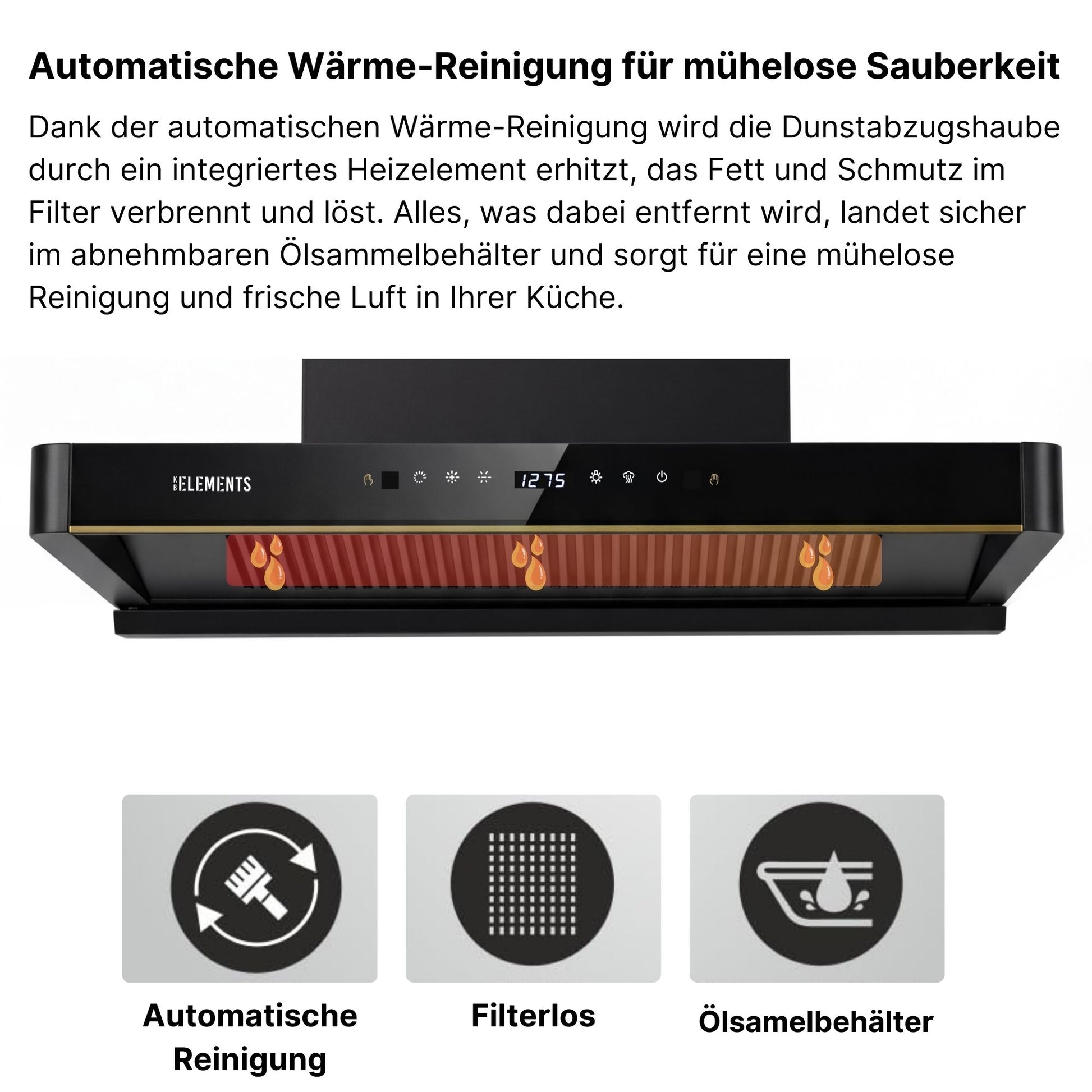 KB ELEMENTS Dunstabzugshaube 80 cm Kopffrei Schwarz – 1350 m³/h, Selbstreinigung, A+, Abluft & Umluft