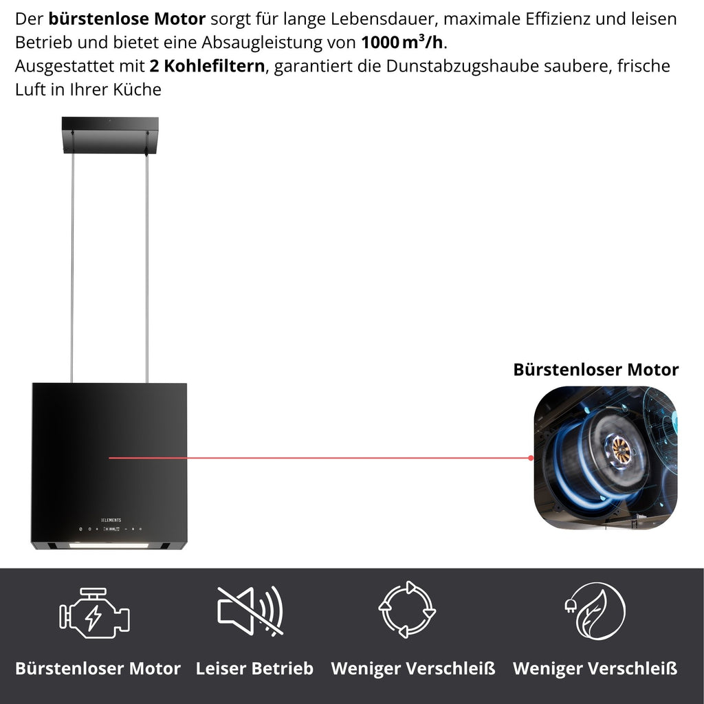 KB ELEMENTS Dunstabzugshaube freihängend Glas – 1000 m³/h, Touch, Gesten- & Fernbedienung, Umluft, A+++