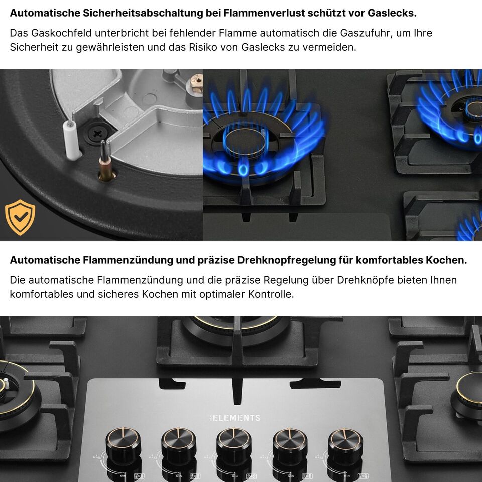 KB ELEMENTS Gaskochfeld 90cm - Gaskochfeld 5 Flammig, LPG / NG, Zündunautomatik