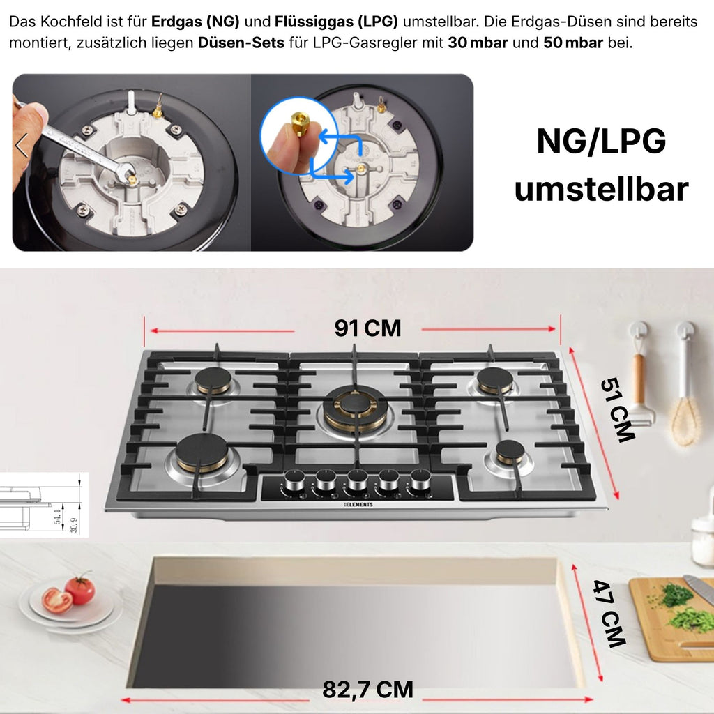 Einbaumaße Gaskochfeld 90 cm Edelstahl – Abmessungen 909 × 510 mm KB ELEMENTS ELK90GH1