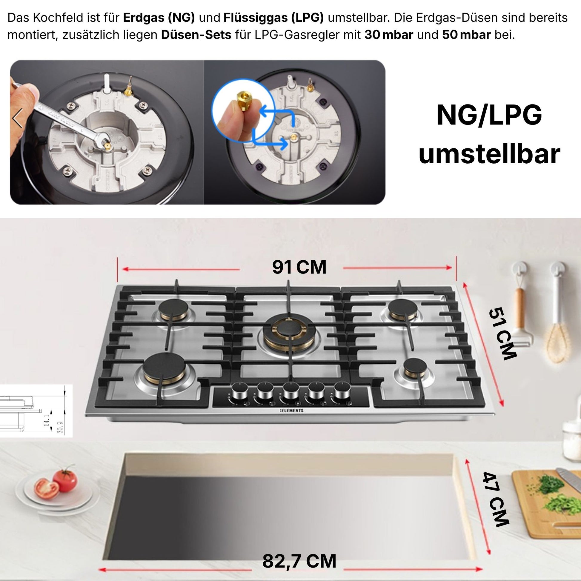 Einbaumaße Gaskochfeld 90 cm Edelstahl – Abmessungen 909 × 510 mm KB ELEMENTS ELK90GH1