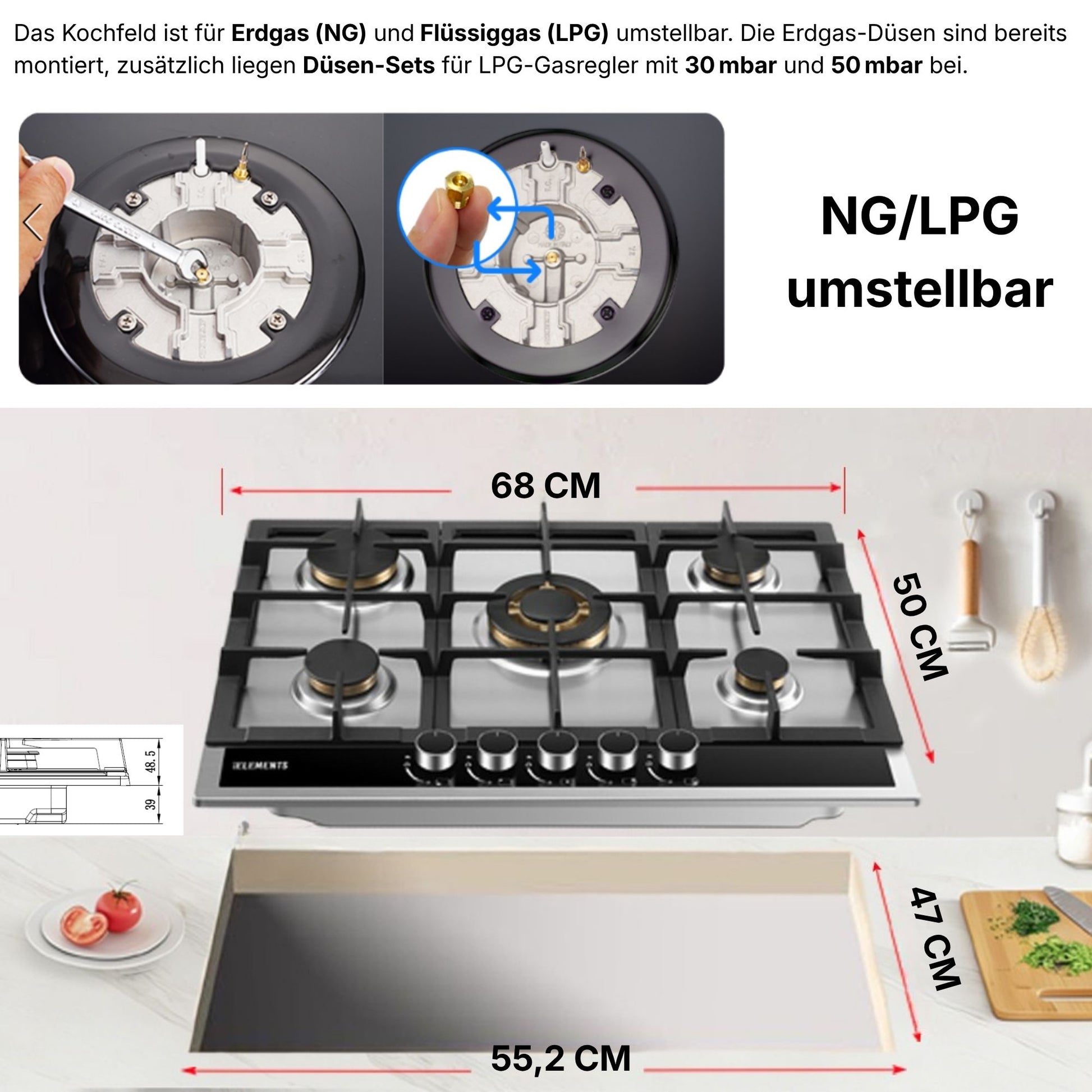 Einbaumaße Gaskochfeld 70 cm Edelstahl – Abmessungen 680 × 500 mm KB ELEMENTS ELK70GH1