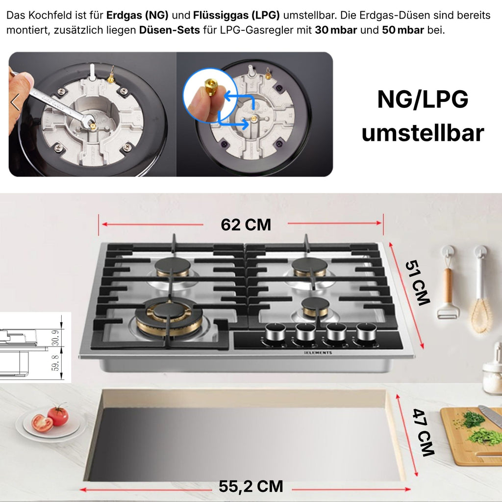 Einbaumaße Gaskochfeld 60 cm Edelstahl – Abmessungen 620 × 510 mm KB ELEMENTS ELK60GH2