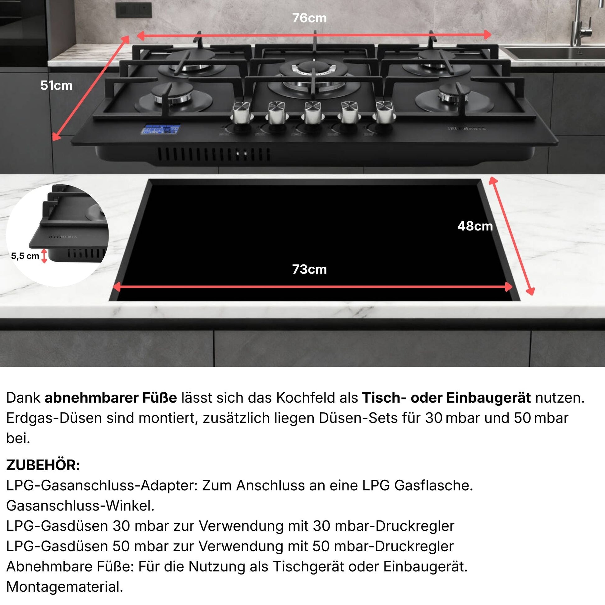 Einbaumasse Gaskochfeld 76 cm 760×510×132 mm – KB ELEMENTS Herdset ELK76GH1