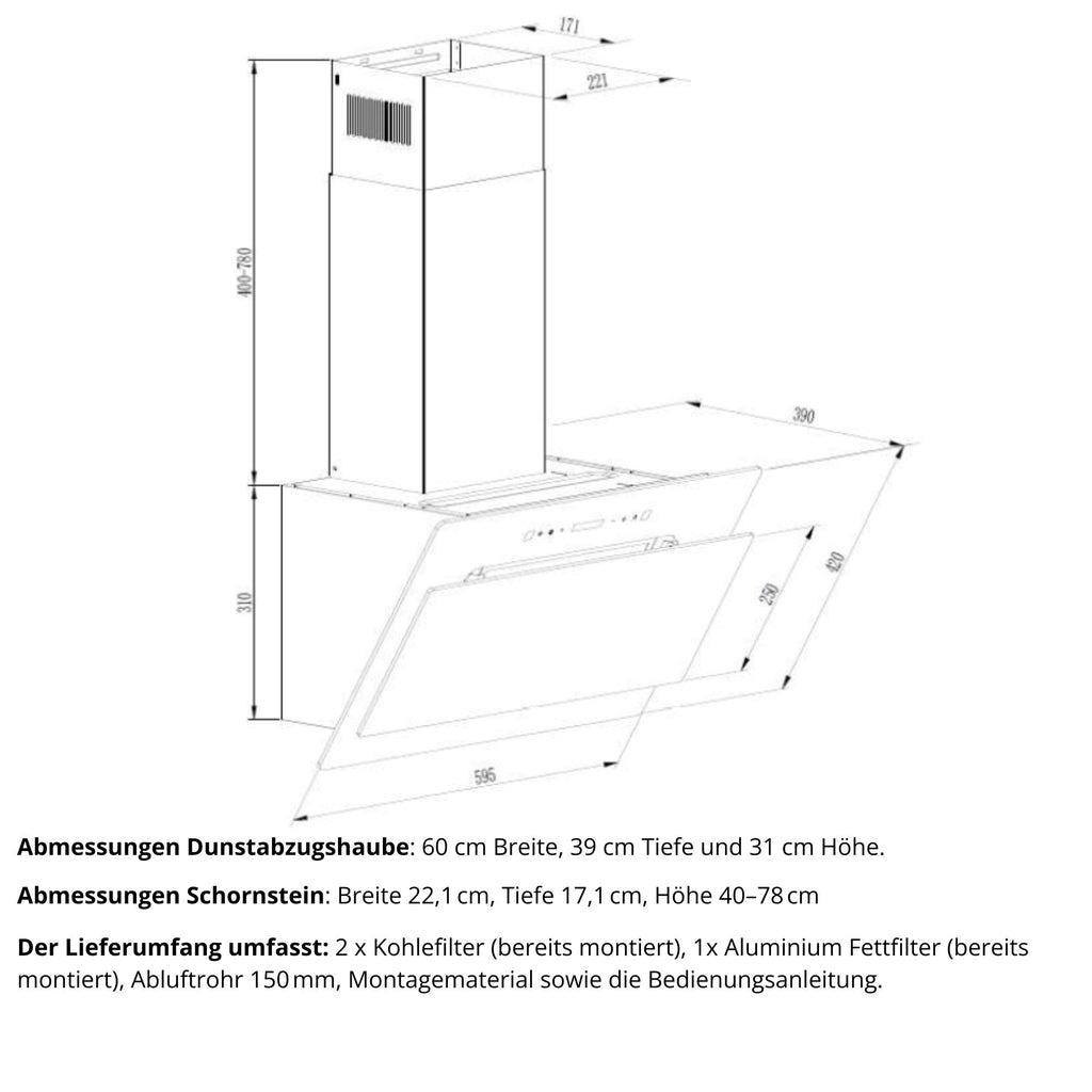 KB ELEMENTS Dunstabzugshaube 60 cm Wandhaube – 1000 m³/h, Touch-, Gesten- & Fernbedienung, Abluft & Umluft