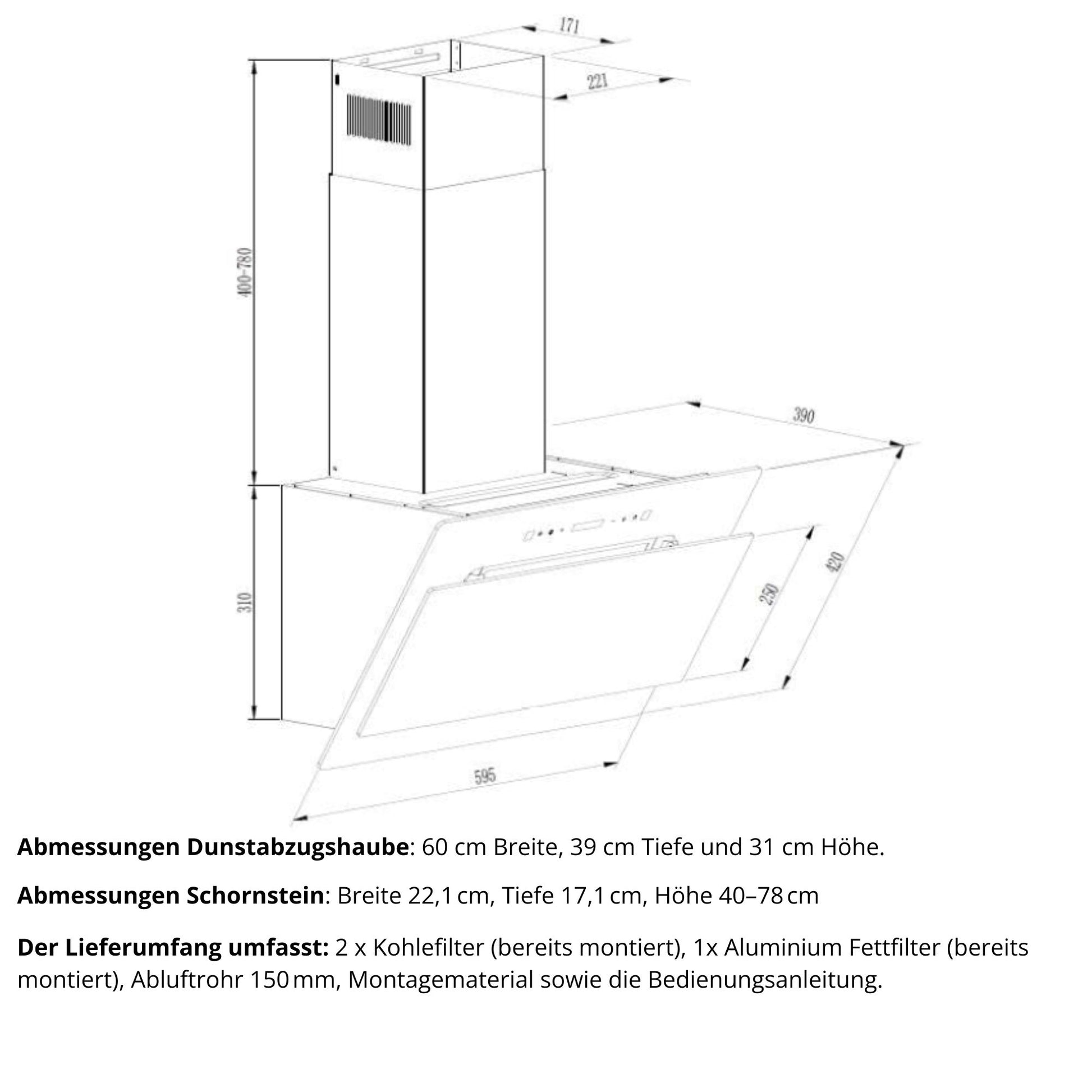 KB ELEMENTS Dunstabzugshaube 60 cm Wandhaube – 1000 m³/h, Touch-, Gesten- & Fernbedienung, Abluft & Umluft