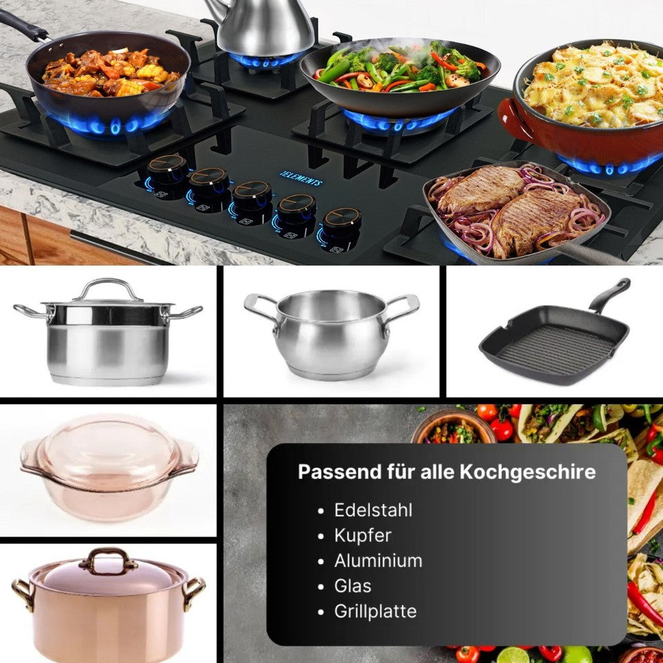 KB ELEMENTS Gaskochfeld 90cm - Gaskochfeld 5 Flammig, LPG / NG, Zündunautomatik