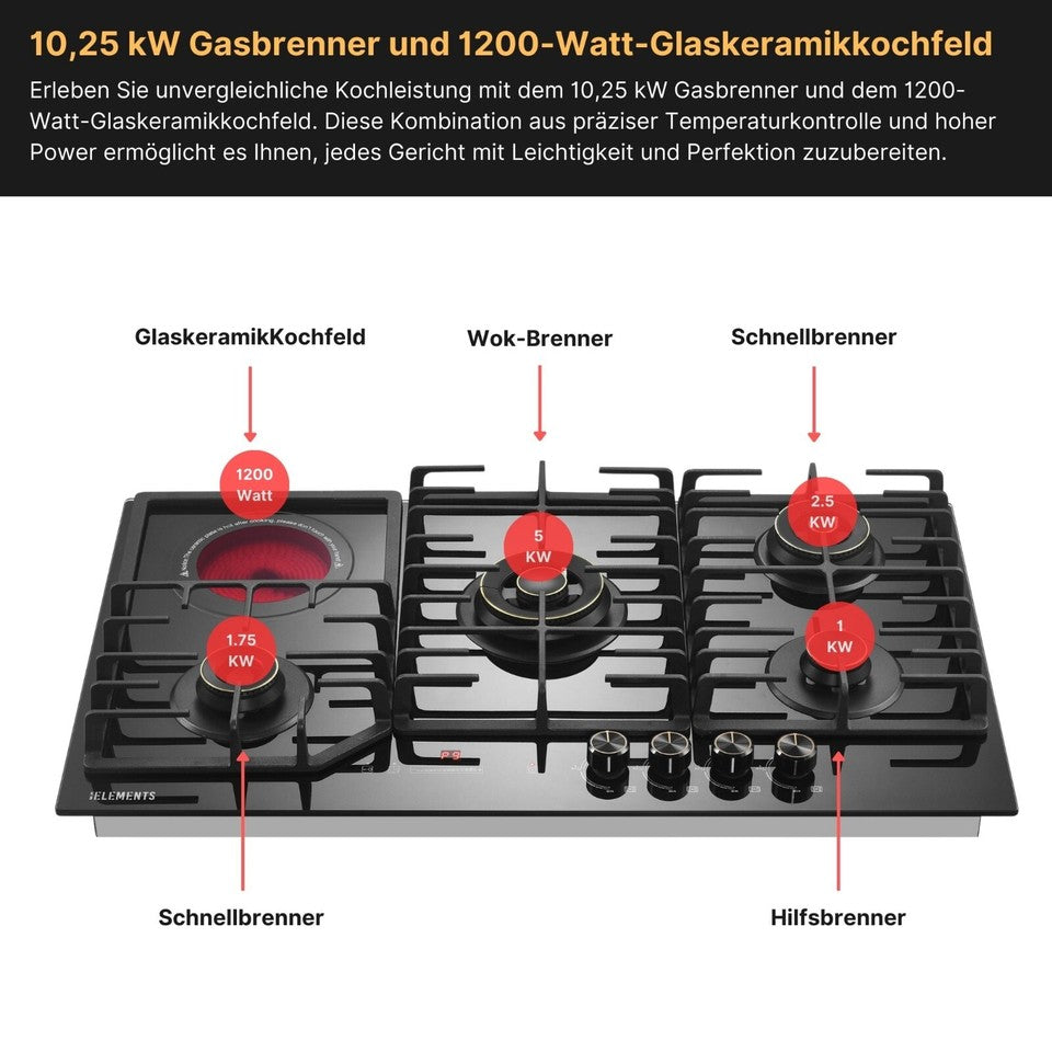 KB ELEMENTS Gaskochfeld 90cm - Gaskochfeld 4 Flammen, 1 x Glaskeramik, LPG / NG
