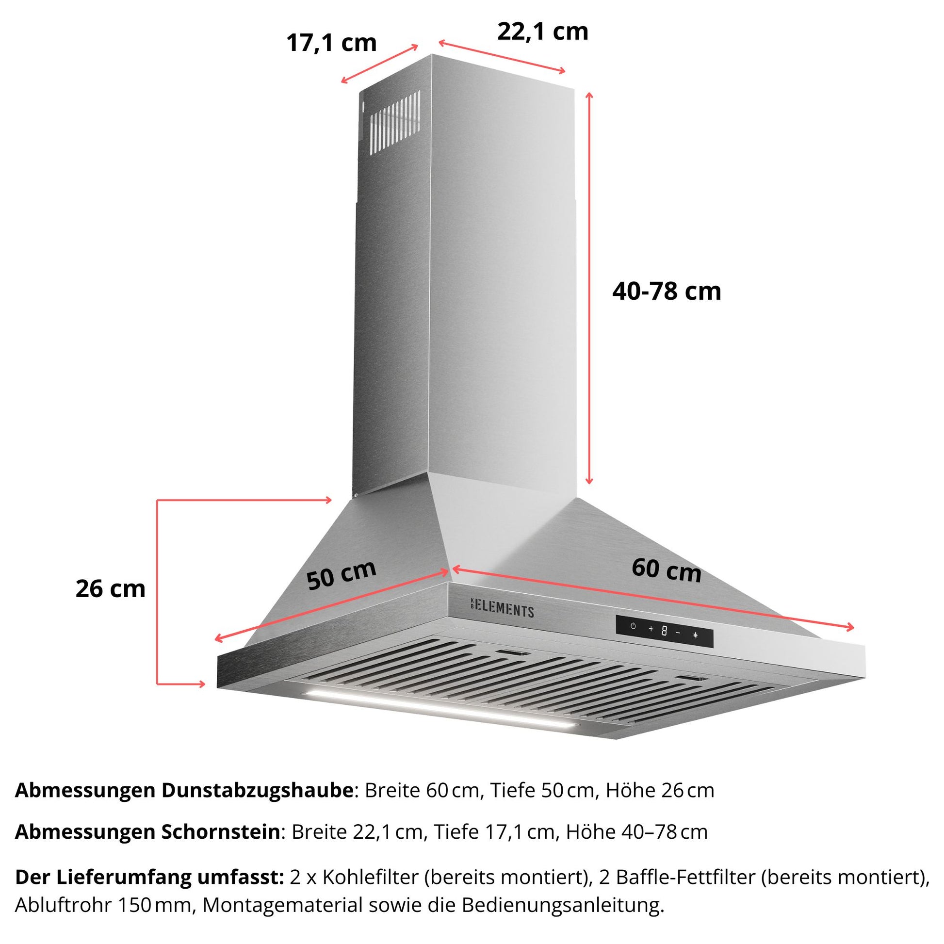 KB ELEMENTS Pyramiden-Dunstabzugshaube 60 cm Edelstahl – 650 m³/h, A+++, Touch- & Gestensteuerung