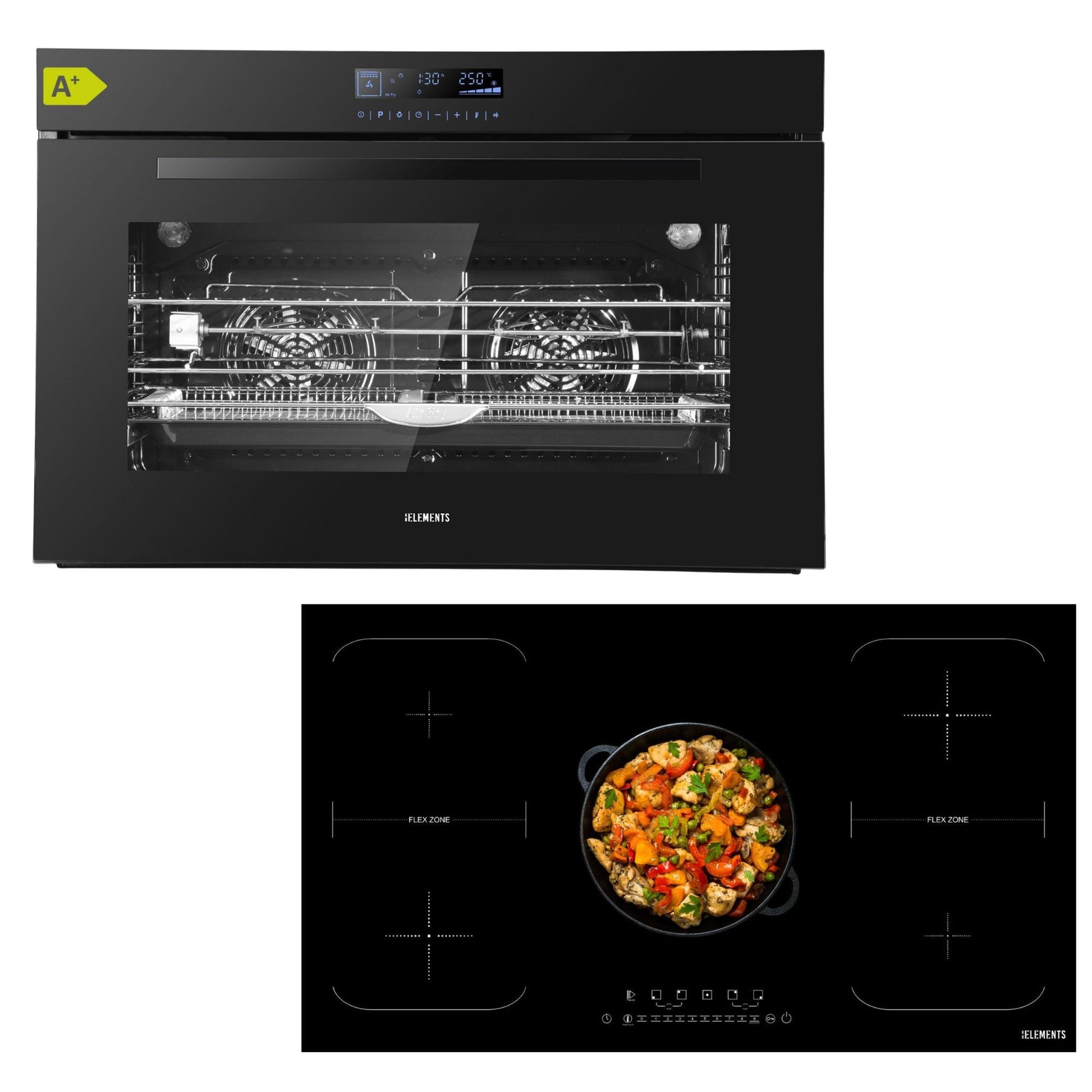 KB ELEMENTS Herdset 2-teilig ELK90DV1 ELK106PF Backofen 90 cm 125 Liter Rotisserie Induktion 90 cm Schwarz KB ELEMENTS