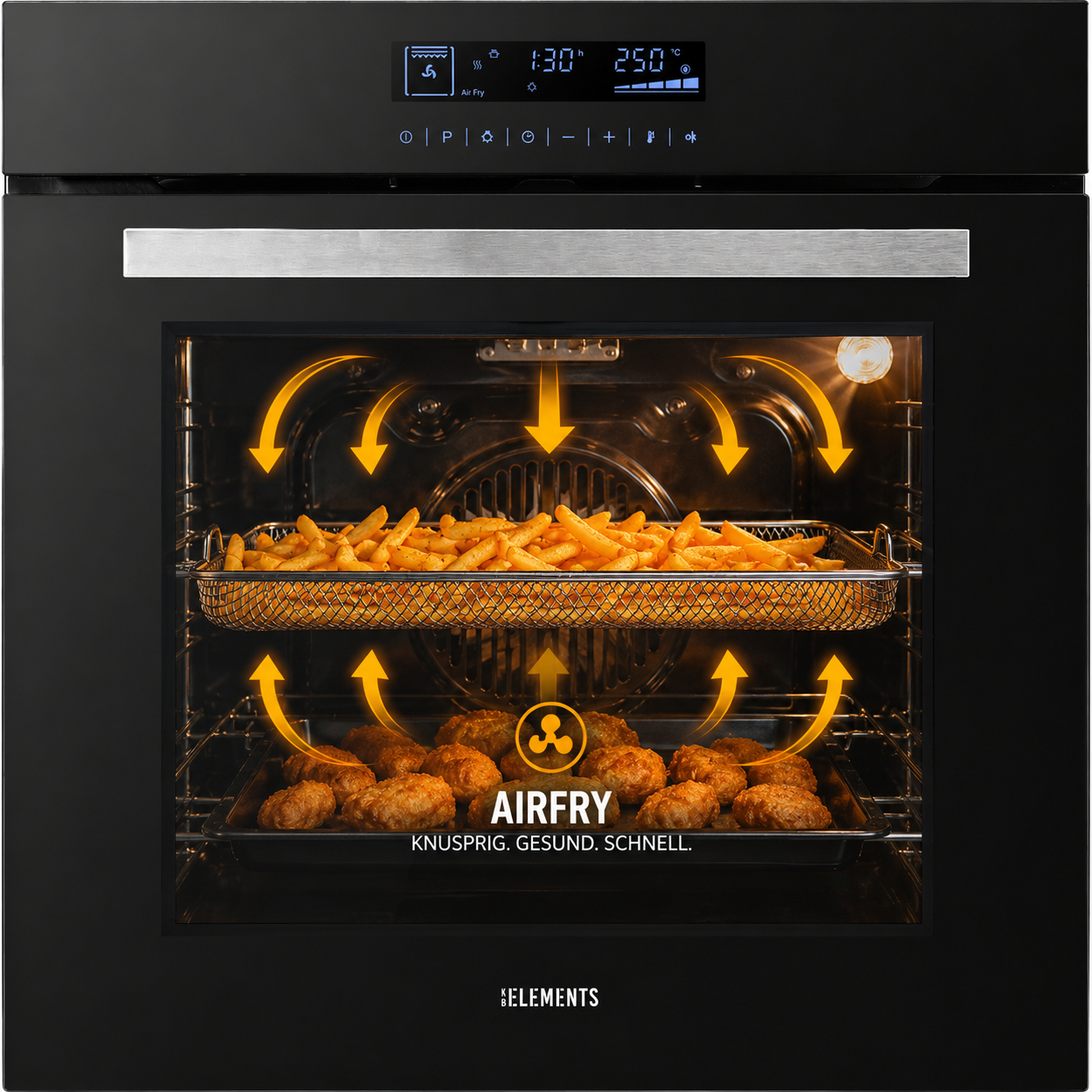 Air Fry Funktion Einbaubackofen ELK75DV2 Schwarz/Silber – knusprige Gerichte ohne Fett KB ELEMENTS