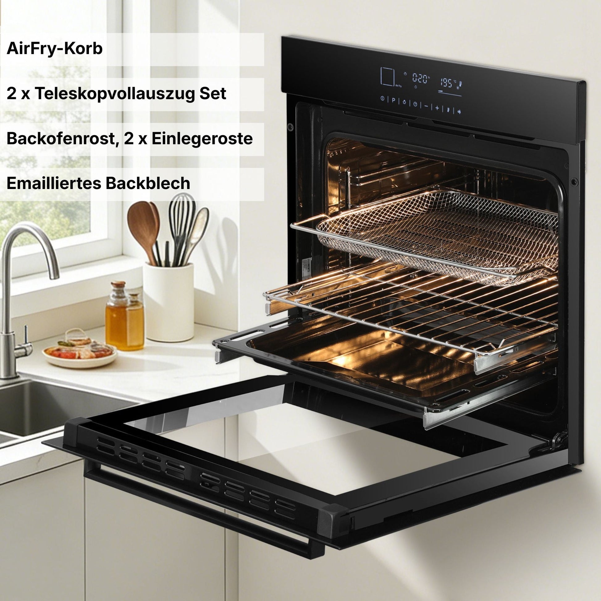 Einbaubackofen ELK75DV2 Schwarz/Silber geöffnet – 73 Liter Garraum Innenraum KB ELEMENTS