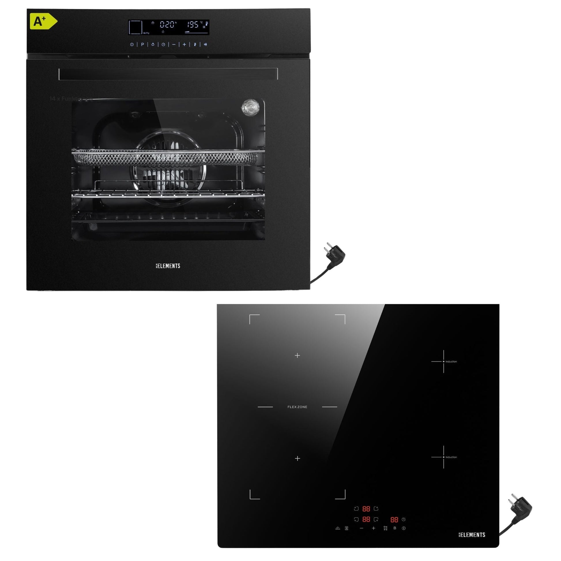 KB ELEMENTS Herdset 2-teilig ELK75DV1 ELK60PB1 Backofen Touch Display Induktion Schuko Plug Play Schwarz KB ELEMENTS