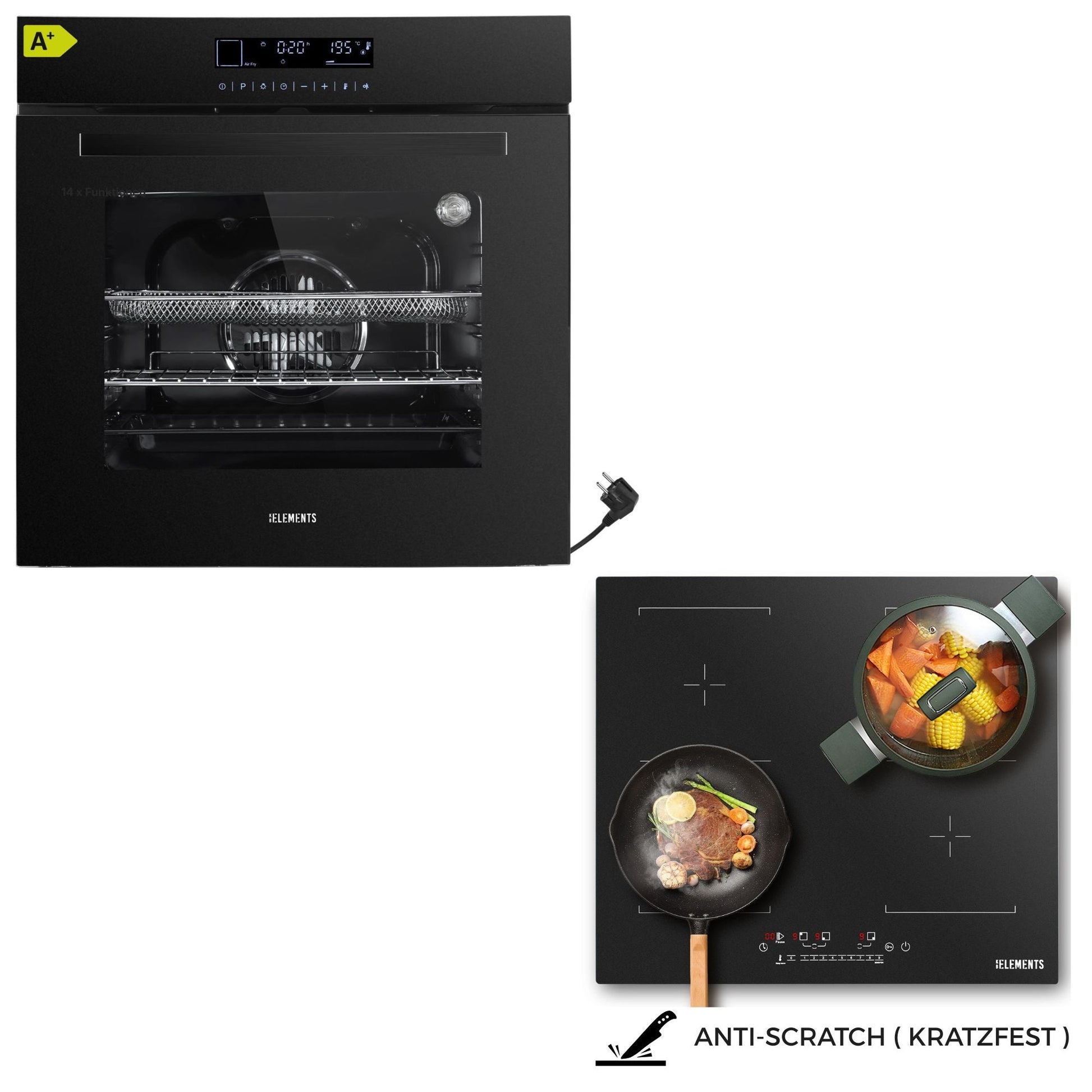 KB ELEMENTS Herdset 2-teilig ELK75DV1 ELK111AS Backofen Touch Display AntiScratch Induktion 2 Flexzonen Schwarz KB ELEMENTS