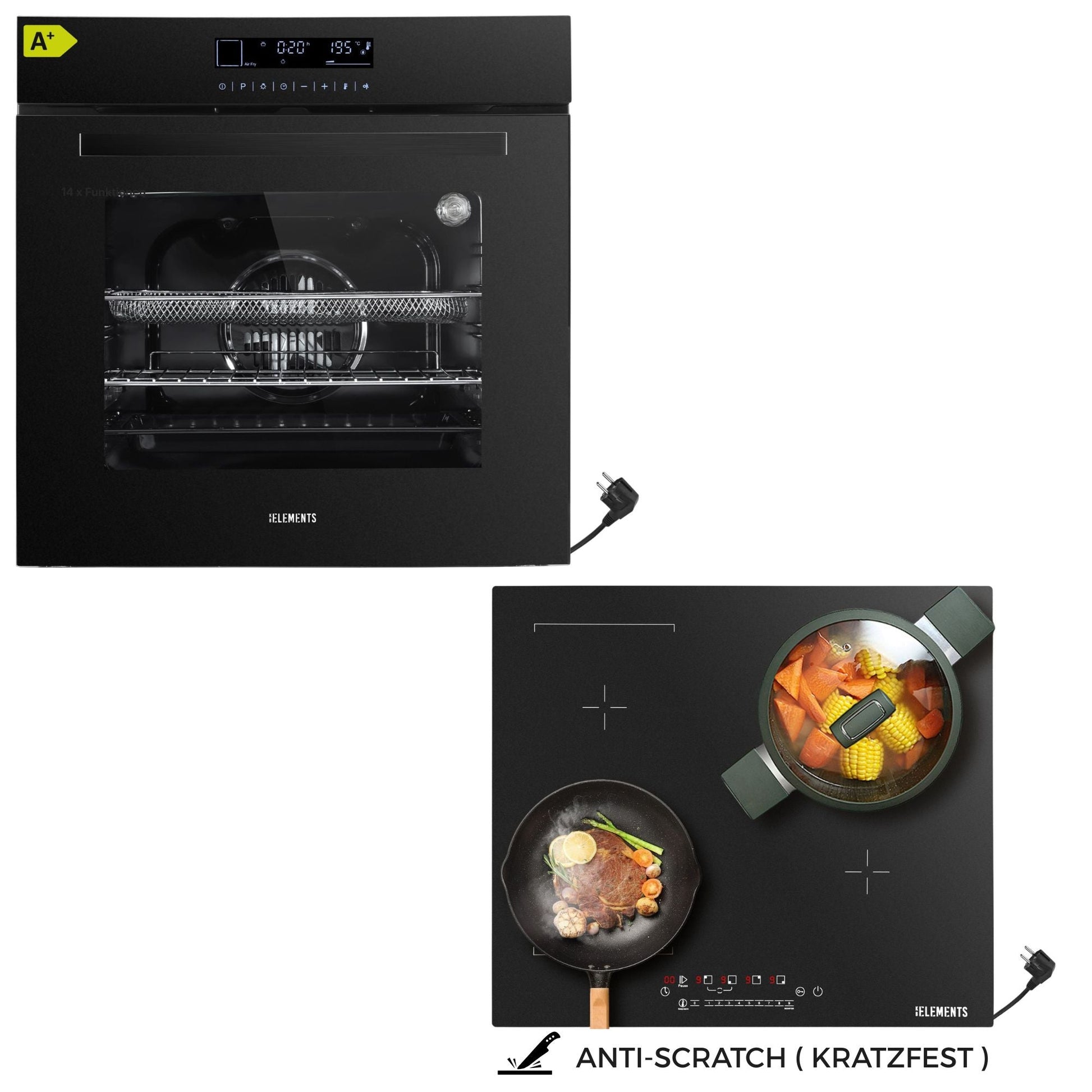 KB ELEMENTS Herdset 2-teilig ELK75DV1 ELK112AS Backofen Touch Display AntiScratch Induktion Schuko Plug Play Schwarz KB ELEMENTS