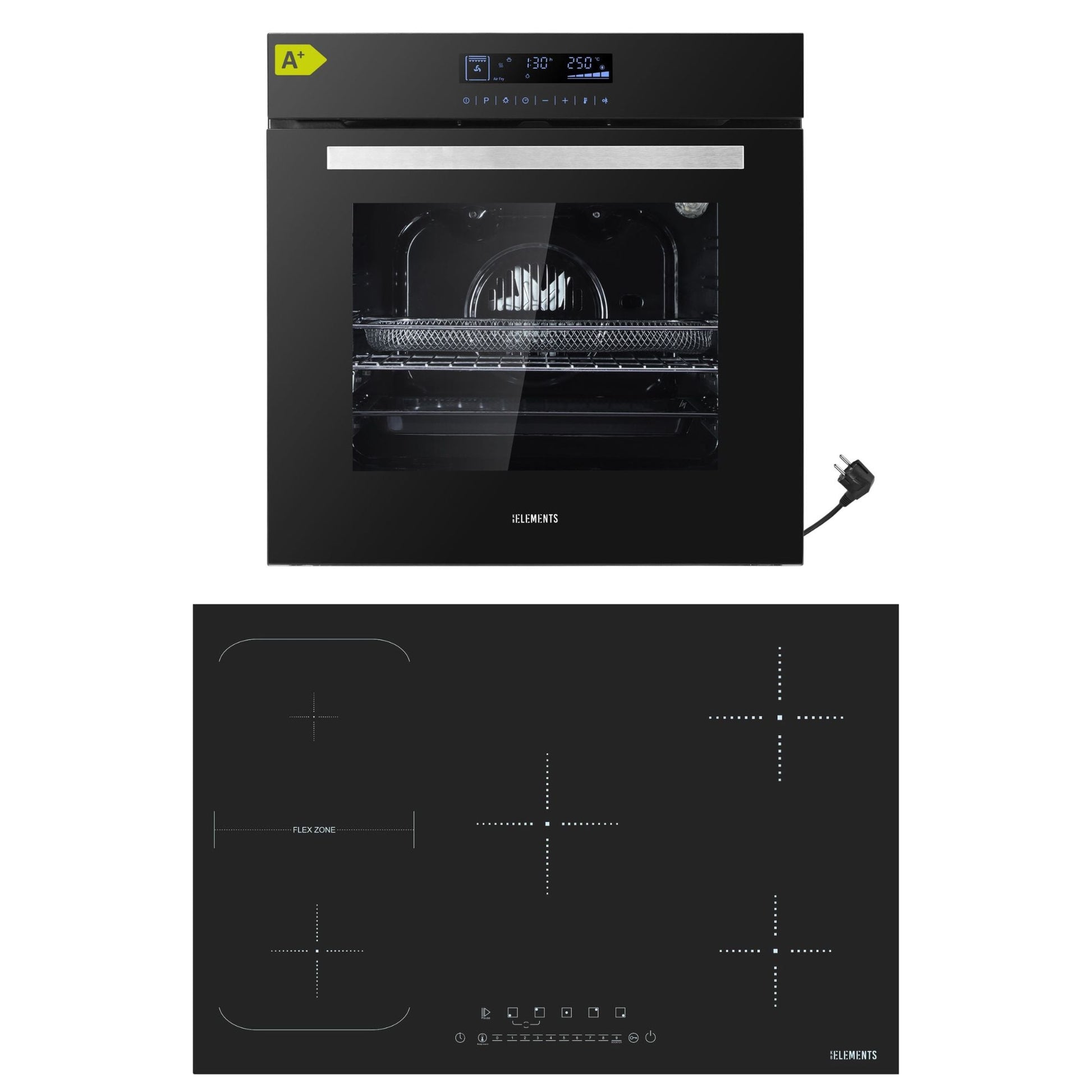 KB ELEMENTS Herdset 2-teilig ELK75DV2 ELK105PF Backofen Touch Display Induktion 77 cm 5 Zonen Schwarz Silber KB ELEMENTS