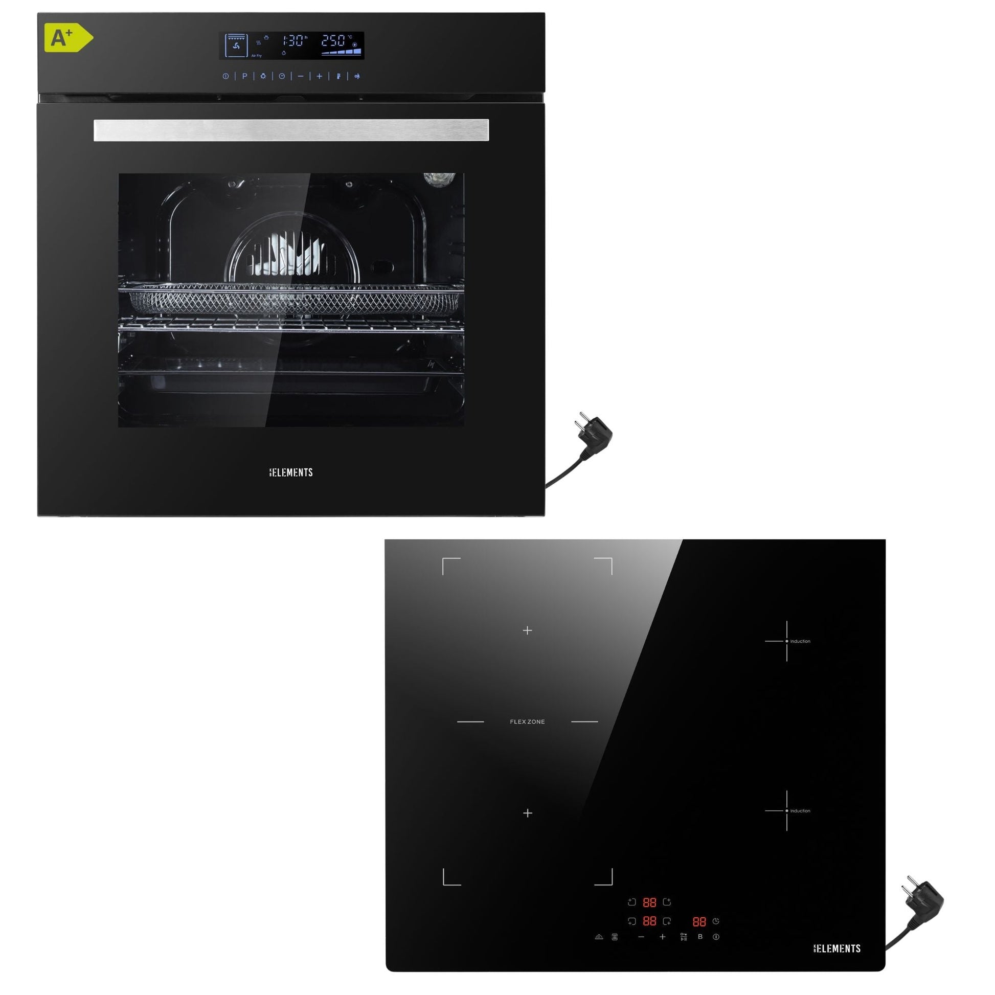 KB ELEMENTS Herdset 2-teilig ELK75DV2 ELK60PB1 Backofen Touch Display Induktion Schuko Plug Play Schwarz Silber KB ELEMENTS
