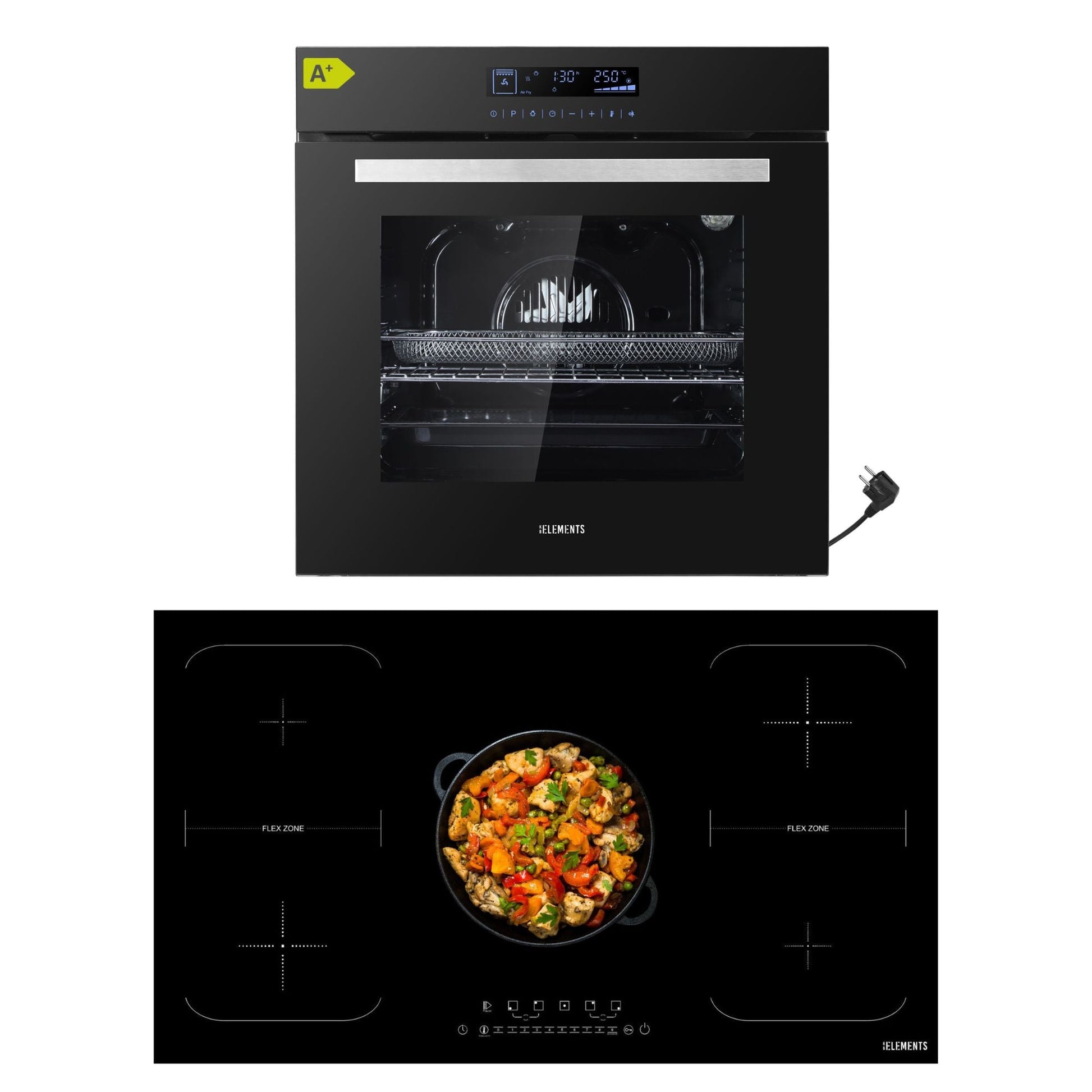 KB ELEMENTS Herdset 2-teilig ELK75DV2 ELK106PF Backofen Touch Display Induktion 90 cm 5 Zonen Schwarz Silber KB ELEMENTS