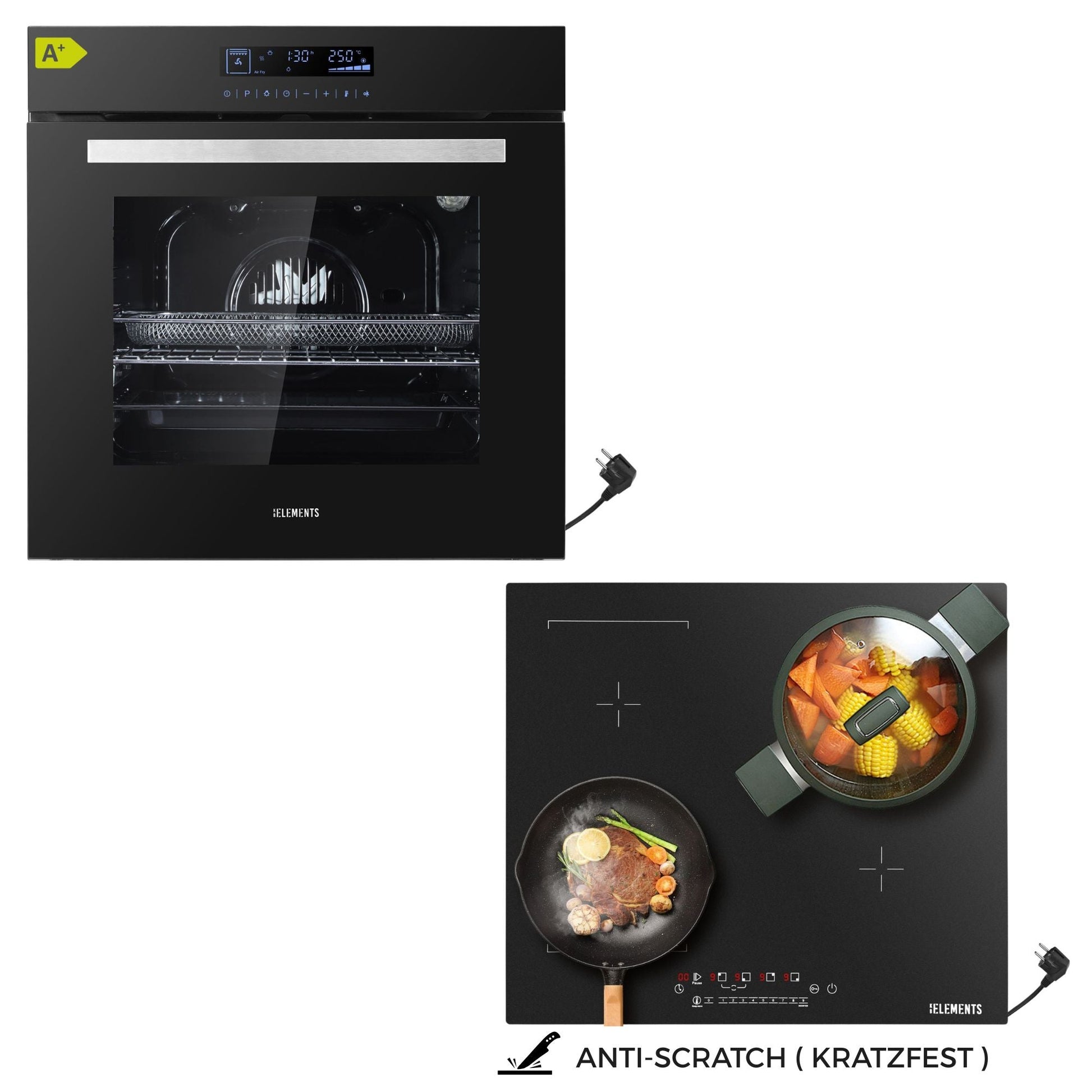 KB ELEMENTS Herdset 2-teilig ELK75DV2 ELK112AS Backofen Touch Display AntiScratch Induktion Schuko Schwarz Silber KB ELEMENTS
