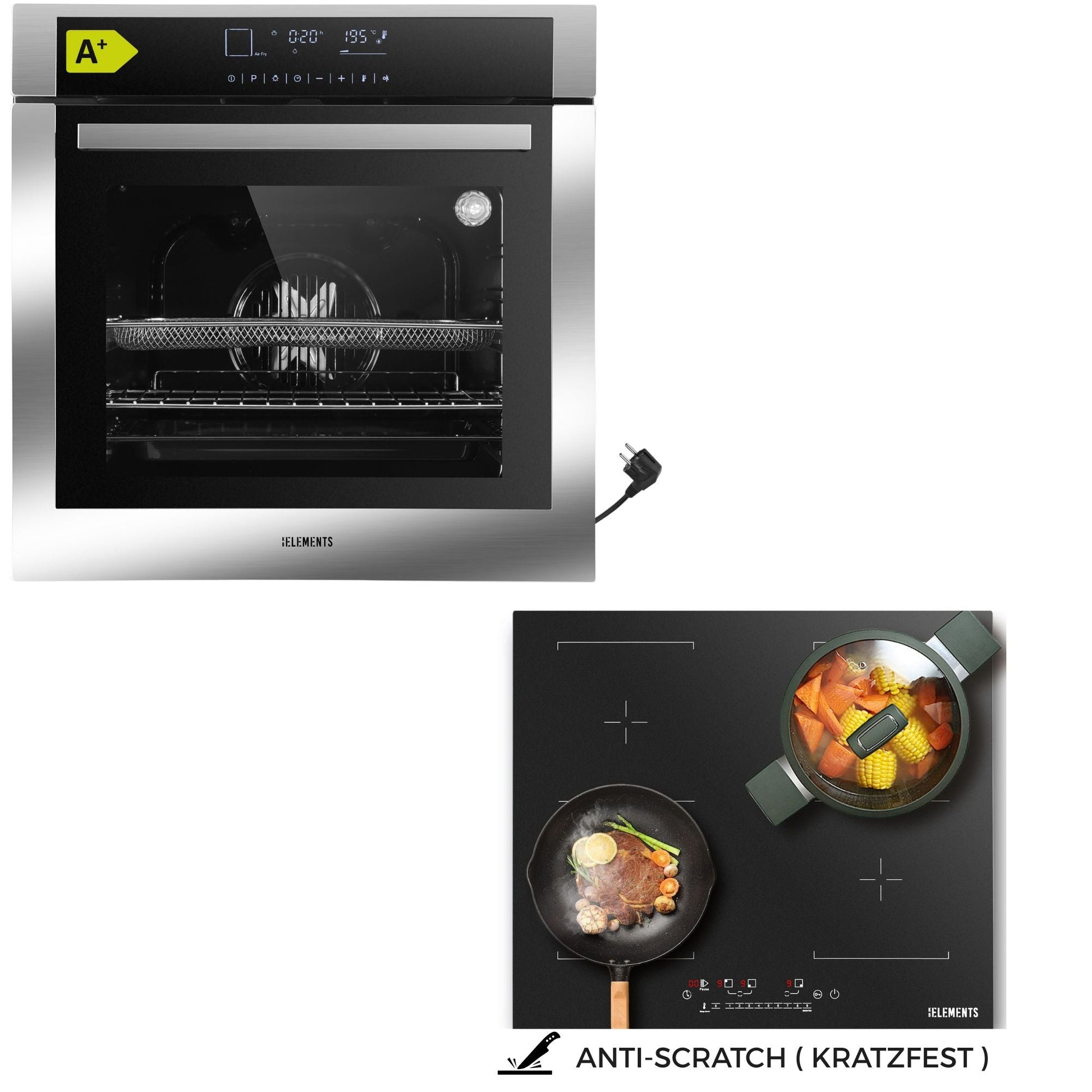 KB ELEMENTS Herdset 2-teilig ELK75DV3 ELK111AS Backofen Touch Display AntiScratch Induktion 2 Flexzonen Silber Edelstahl KB ELEMENTS