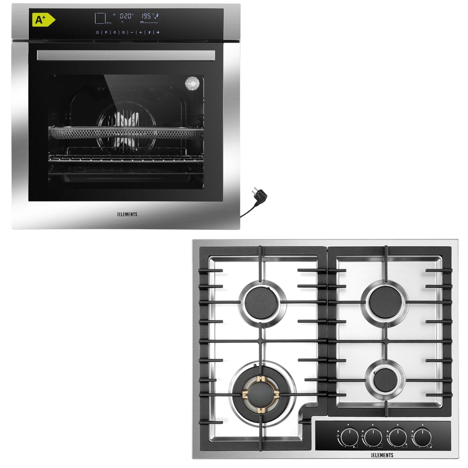 KB ELEMENTS Herdset 2-teilig ELK75DV3 ELK60GH2 Backofen Touch Display Gaskochfeld 60 cm 4 Brenner Silber Edelstahl KB ELEMENTS