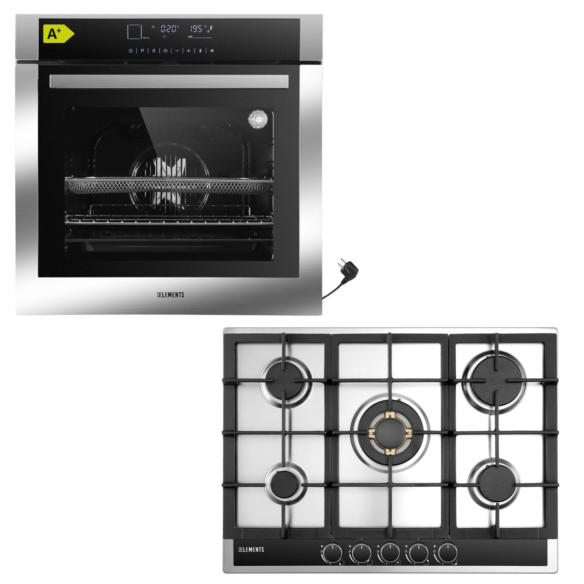 KB ELEMENTS Herdset 2-teilig ELK75DV3 ELK70GH1 Backofen Touch Display Gaskochfeld 70 cm 5 Brenner Silber Edelstahl KB ELEMENTS