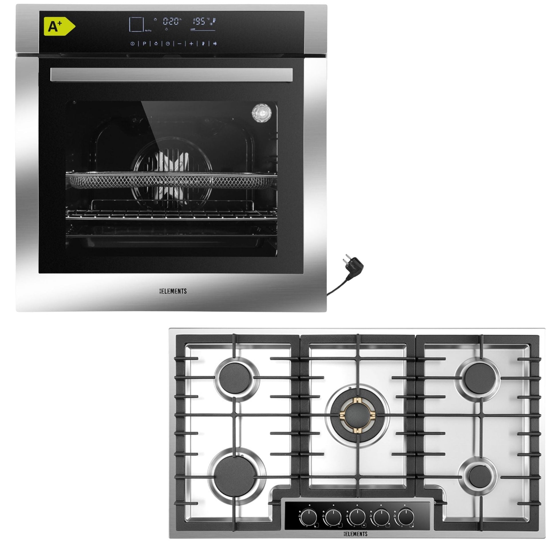 KB ELEMENTS Herdset 2-teilig ELK75DV3 ELK90GH1 Backofen Touch Display Gaskochfeld 90 cm 5 Brenner Silber Edelstahl KB ELEMENTS
