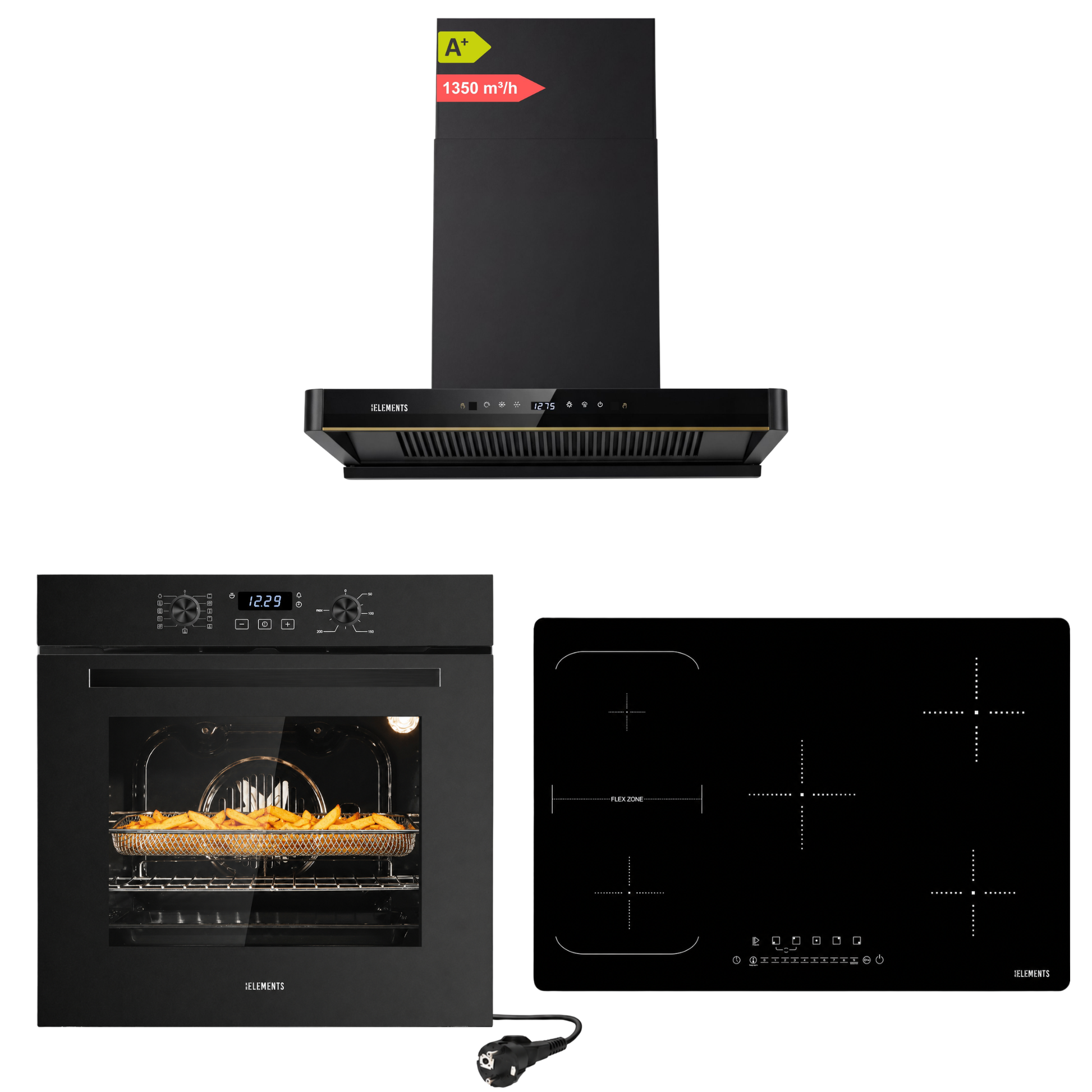 KB ELEMENTS Herdset 3-teilig ELK75EV1P ELK105PF ELK151H80 – Backofen 60 cm Induktionskochfeld 77 cm Kopffreihaube 80 cm Schwarz
