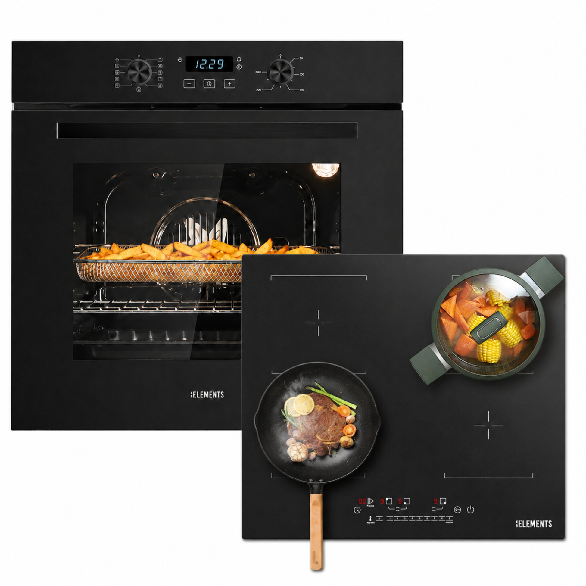 KB ELEMENTS Herdset 2-teilig ELK75EV1P ELK111AS – Einbaubackofen 60 cm Induktionskochfeld AntiScratch Schwarz