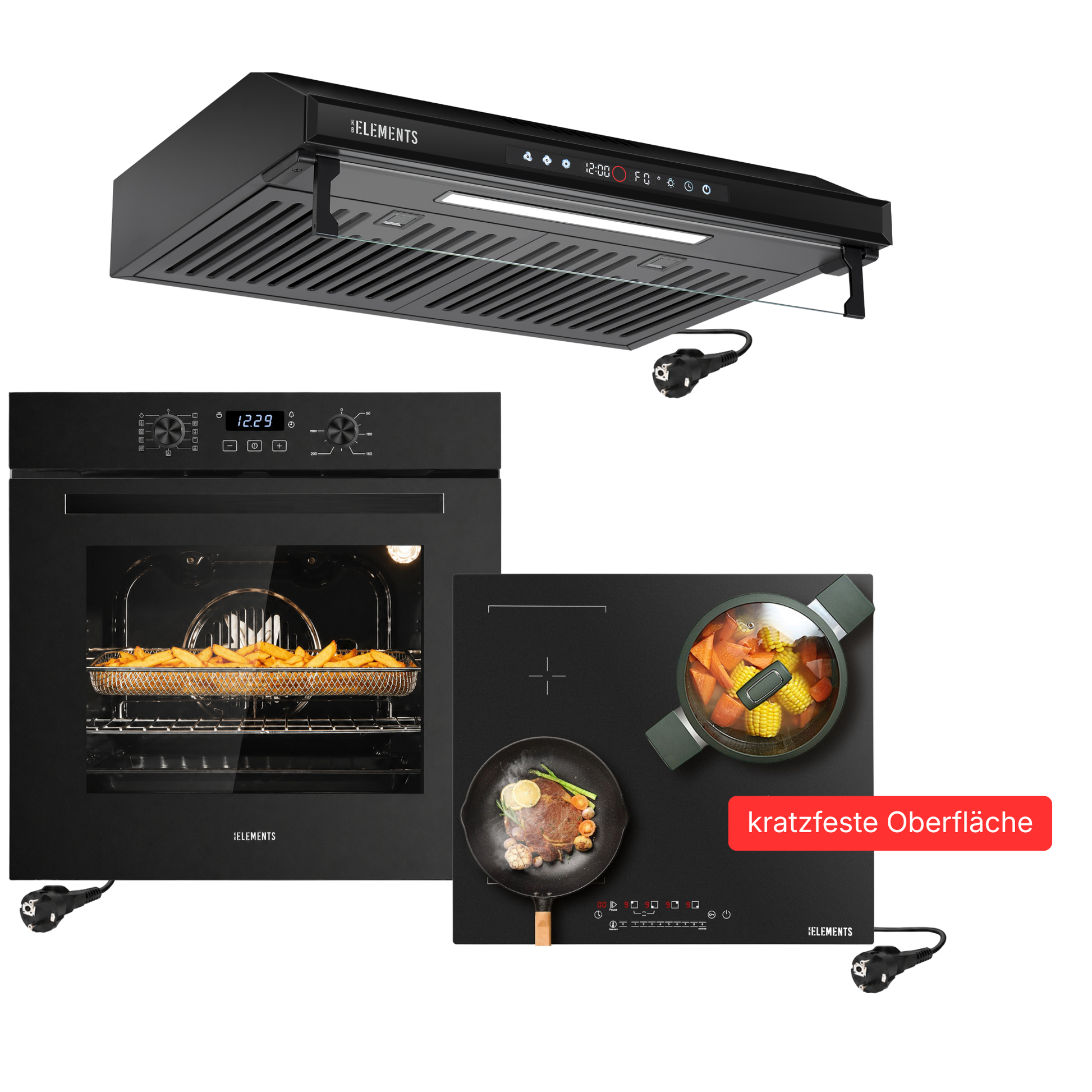 KB ELEMENTS Herdset 3-teilig ELK75EV1P ELK112AS ELK156S60B – Backofen Induktionskochfeld AntiScratch Schuko Dunstabzugshaube 60 cm Schwarz