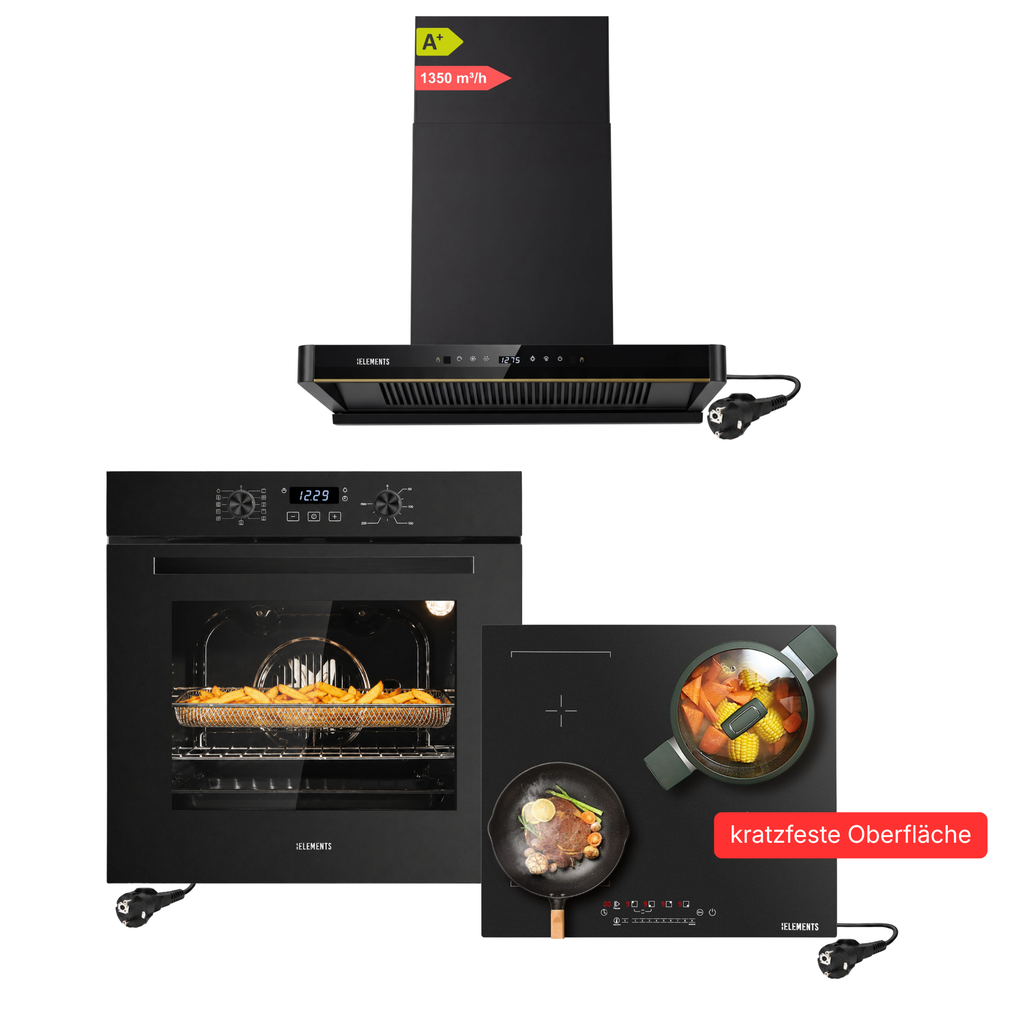 KB ELEMENTS Herdset 3-teilig ELK75EV1P ELK112AS ELK150H60 – Backofen Induktionskochfeld AntiScratch Schuko Kopffreihaube 60 cm Schwarz