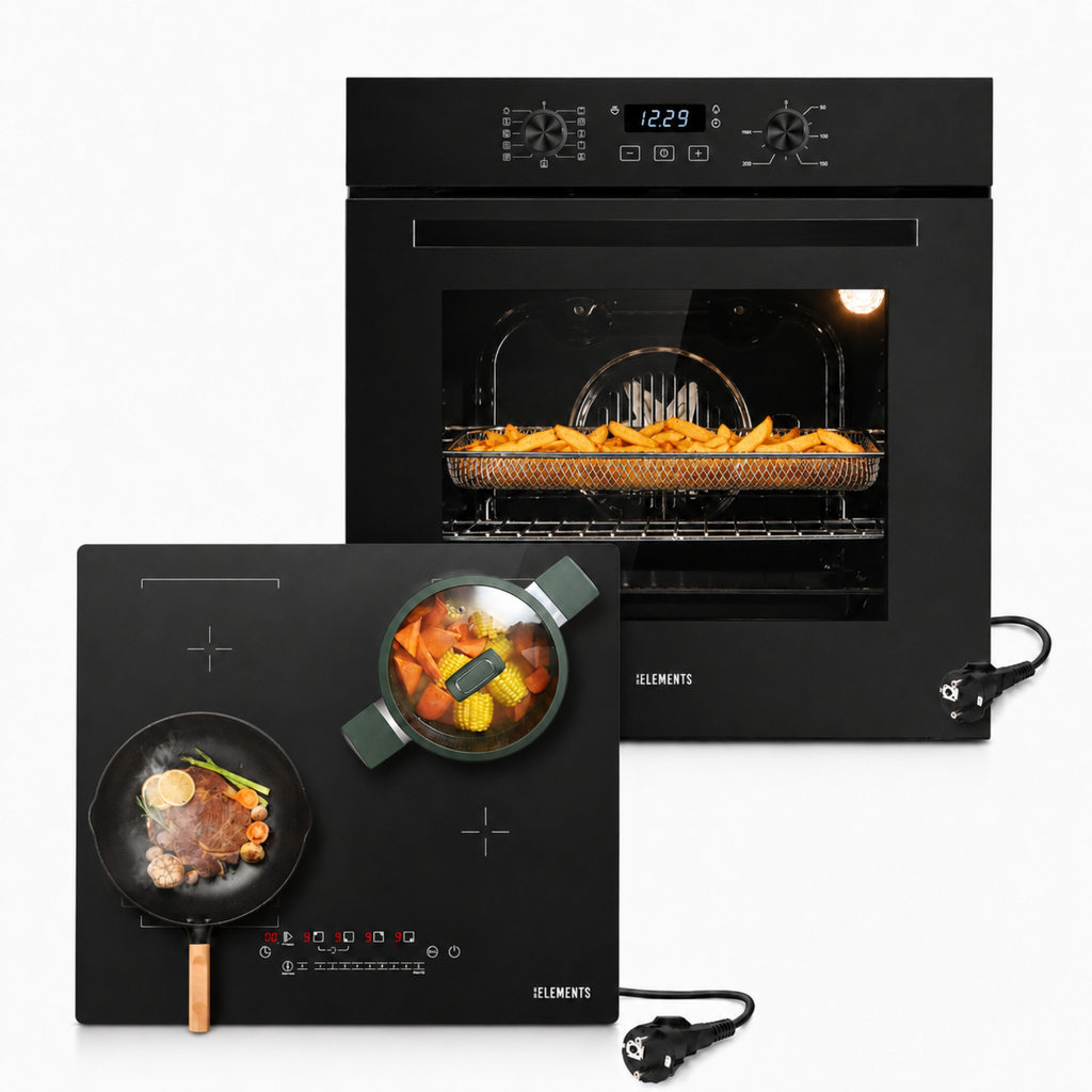 KB ELEMENTS Herdset 2-teilig ELK75EV1P ELK112AS – Einbaubackofen 60 cm Induktionskochfeld AntiScratch Schuko Schwarz