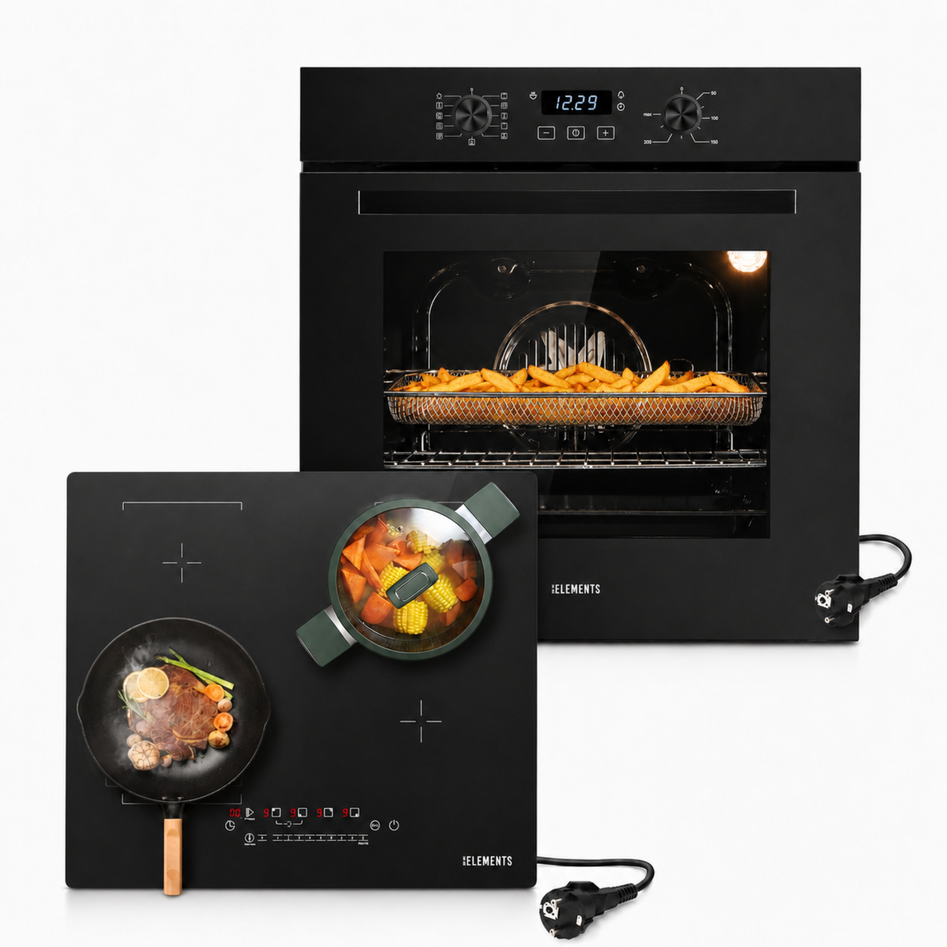 KB ELEMENTS Herdset 2-teilig ELK75EV1P ELK112AS – Einbaubackofen 60 cm Induktionskochfeld AntiScratch Schuko Schwarz