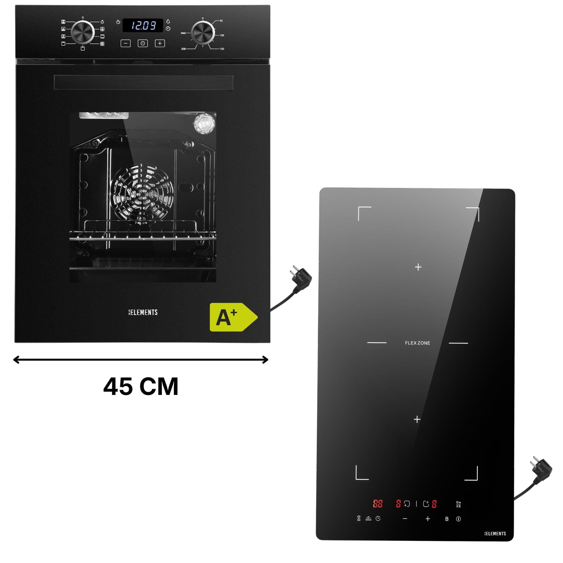 KB ELEMENTS Herdset 2-teilig ELK45EV1 ELK29PB1 Backofen 45cm Domino Induktionskochfeld Schuko Schwarz KB ELEMENTS