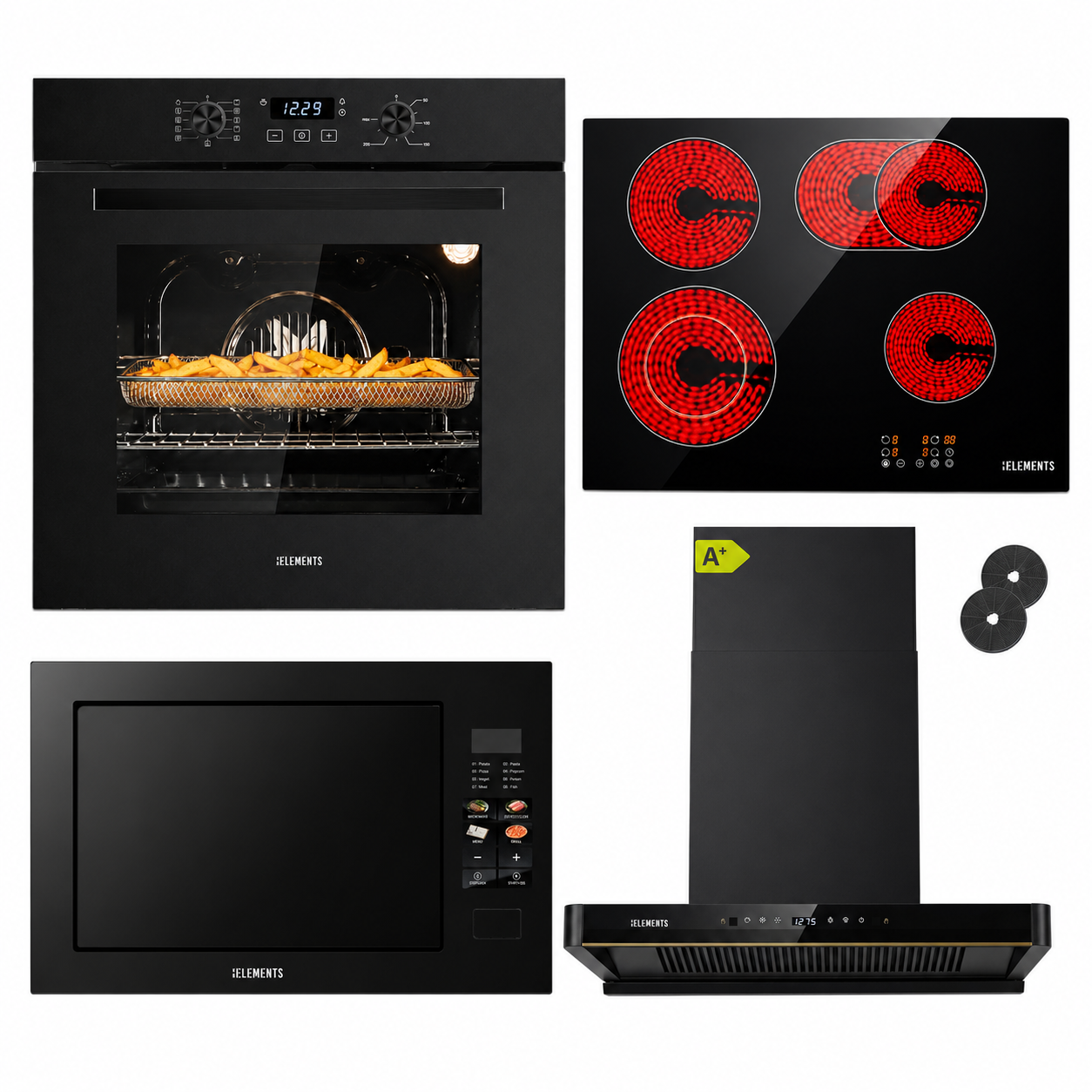 KB ELEMENTS Herdset 4-teilig ELK75EV1P ELK60CR1 ELK150H60 ELK25MB1 – Backofen Kochfeld Kopffreihaube Mikrowelle Schwarz KB ELEMENTS