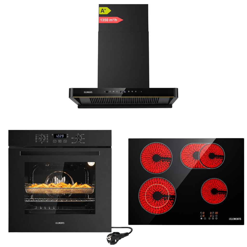 KB ELEMENTS Herdset 3-teilig ELK75EV1P + ELK60CR1 + ELK150H60 – Einbaubackofen, Glaskeramikkochfeld und Dunstabzugshaube 60 cm Schwarz