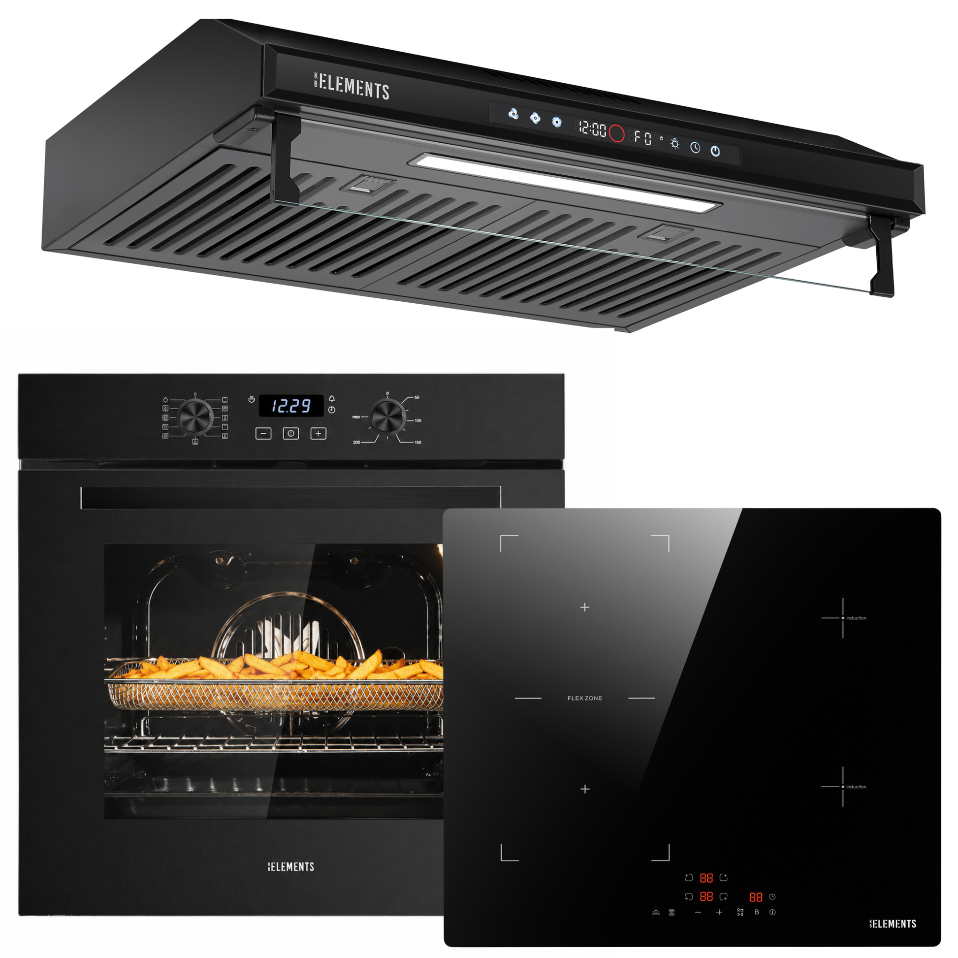 KB ELEMENTS Herdset 3-teilig ELK75EV1P + ELK60FB1 + ELK156S60B – Einbaubackofen, Induktionskochfeld und Dunstabzugshaube 60 cm Schwarz