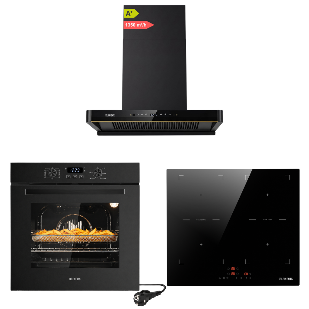 KB ELEMENTS Herdset 3-teilig ELK75EV1P ELK60FB1 ELK150H60 – Backofen Induktionskochfeld Kopffreihaube 60 cm Schwarz
