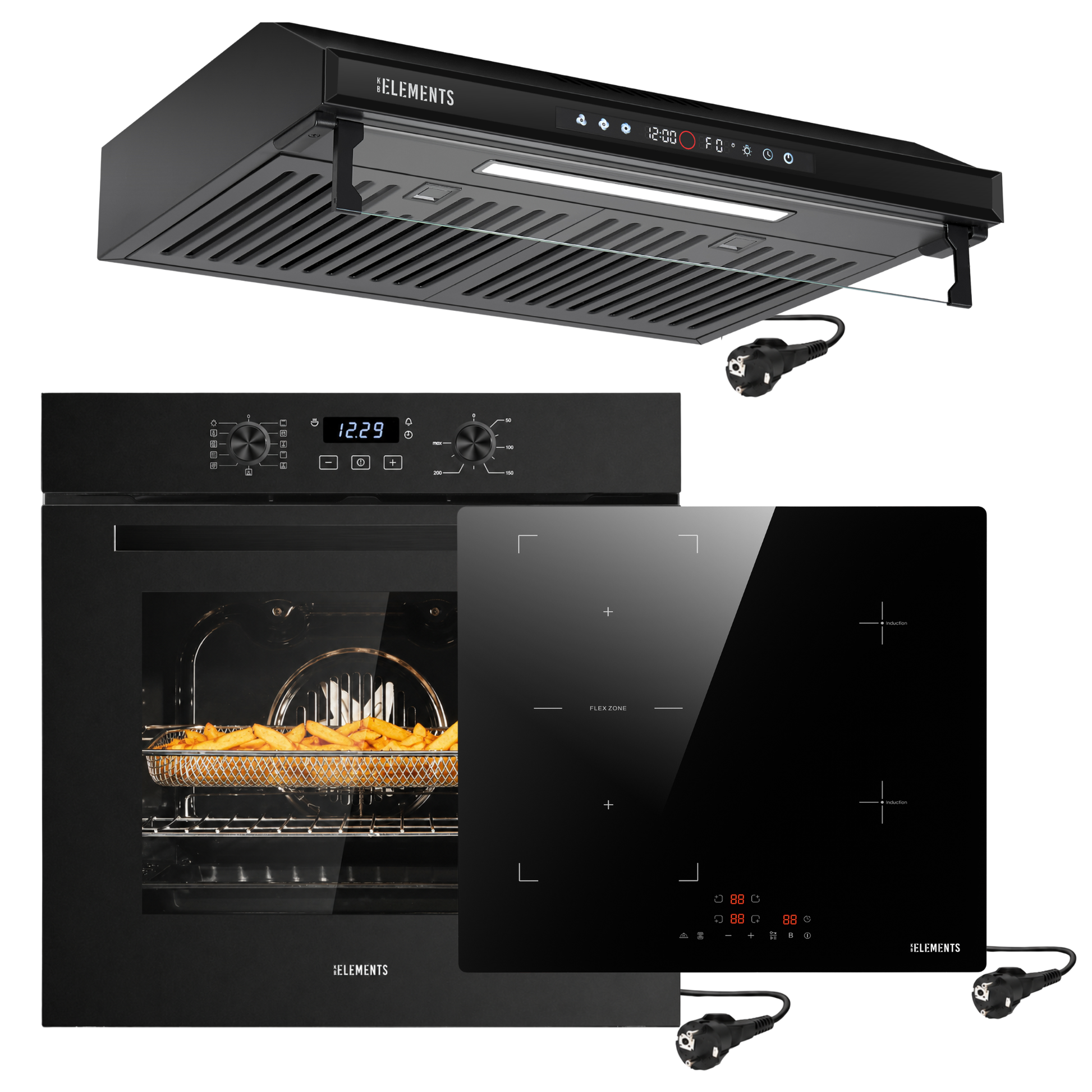 KB ELEMENTS Herdset 3-teilig ELK75EV1P ELK60PB1 ELK156S60B – Backofen Induktionskochfeld Schuko Dunstabzugshaube 60 cm Schwarz