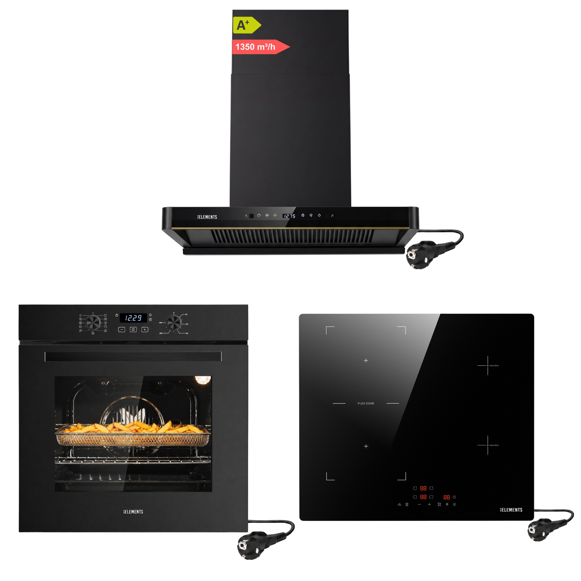 KB ELEMENTS Herdset 3-teilig ELK75EV1P ELK60PB1 ELK150H60 – Backofen Induktionskochfeld Schuko Kopffreihaube 60 cm Schwarz